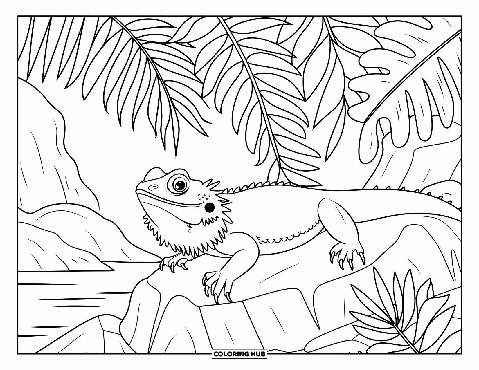 Bearded Dragon Coloring Page for Kids: A bearded dragon perches on a rock surrounded by tall tropical leaves