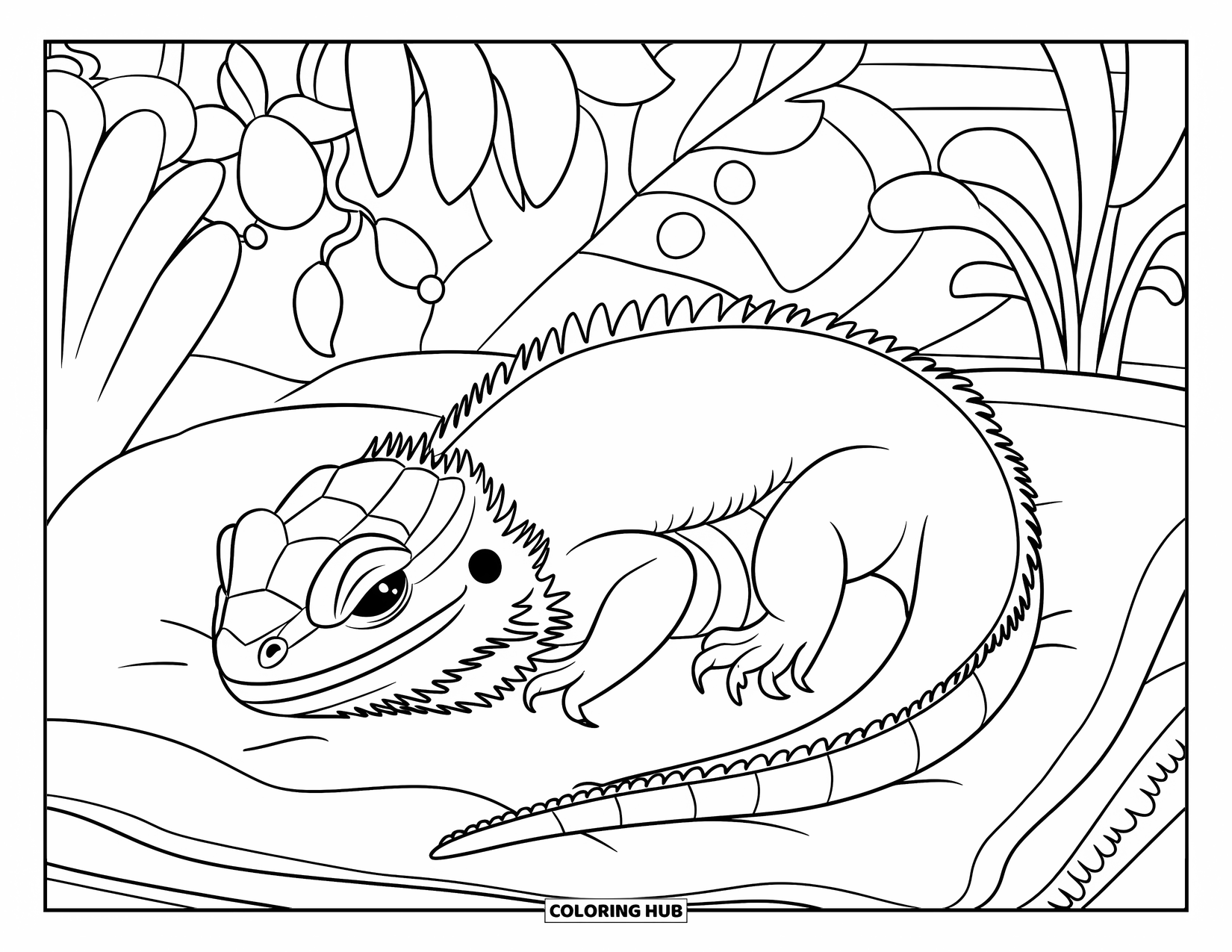 Bearded Dragon Coloring Page for Kids: A bearded dragon sleeps curled on a pillow in a leafy terrarium