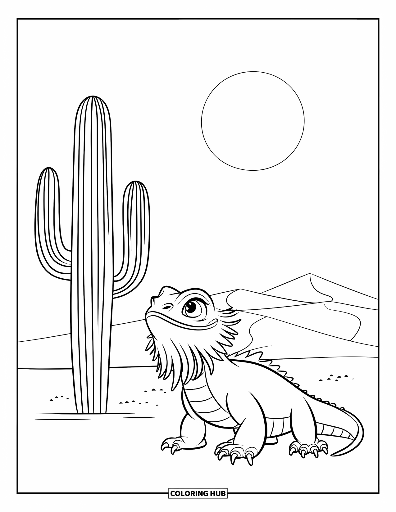 Bearded Dragon Coloring Page for Kids: A bearded dragon stands beside a cactus in a desert under the sun