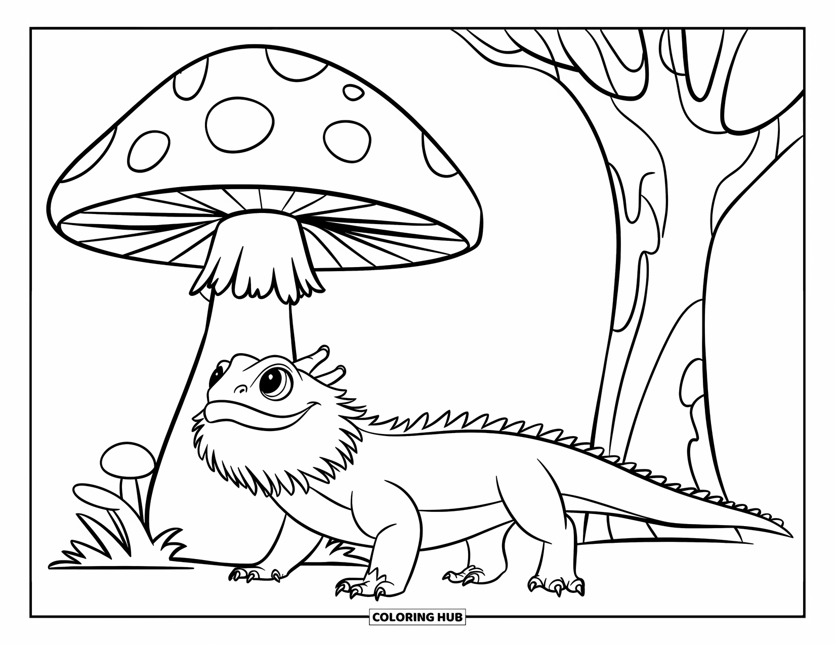 Bearded Dragon Coloring Page for Kids: A bearded dragon walks past a giant mushroom and a small tree