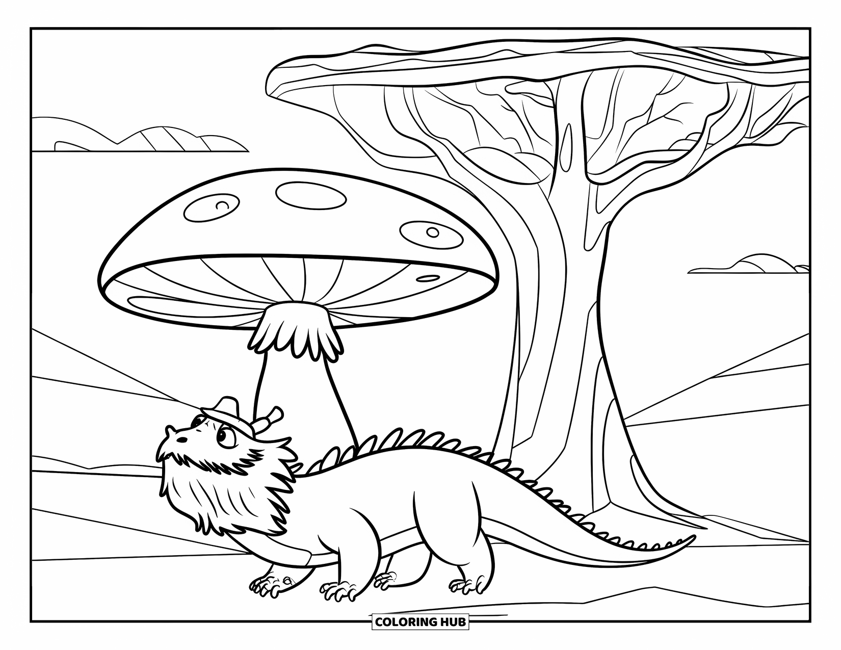 Bearded Dragon Coloring Page for Kids: A cheerful dragon walks near a mushroom and tree under a few clouds