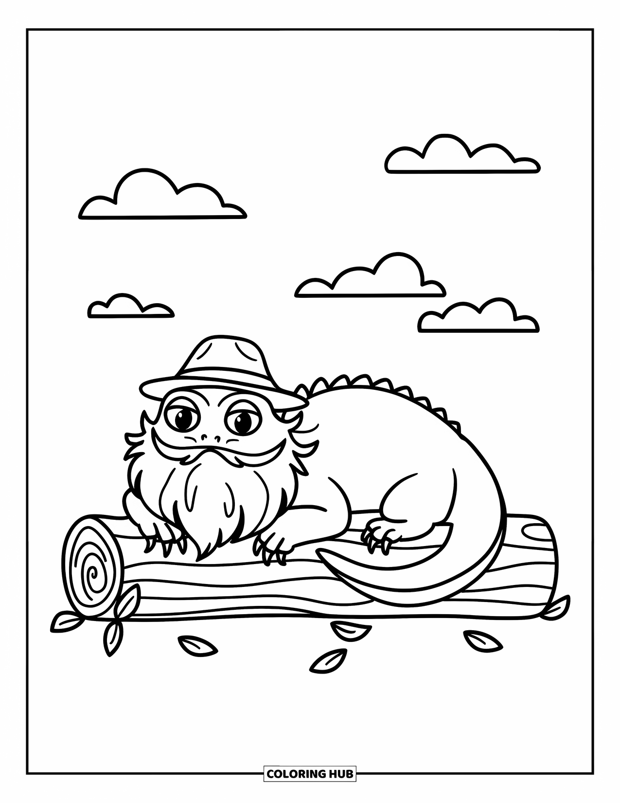 Bearded Dragon Coloring Page for Kids: A chubby dragon in a hat lounges on a log with leaves below