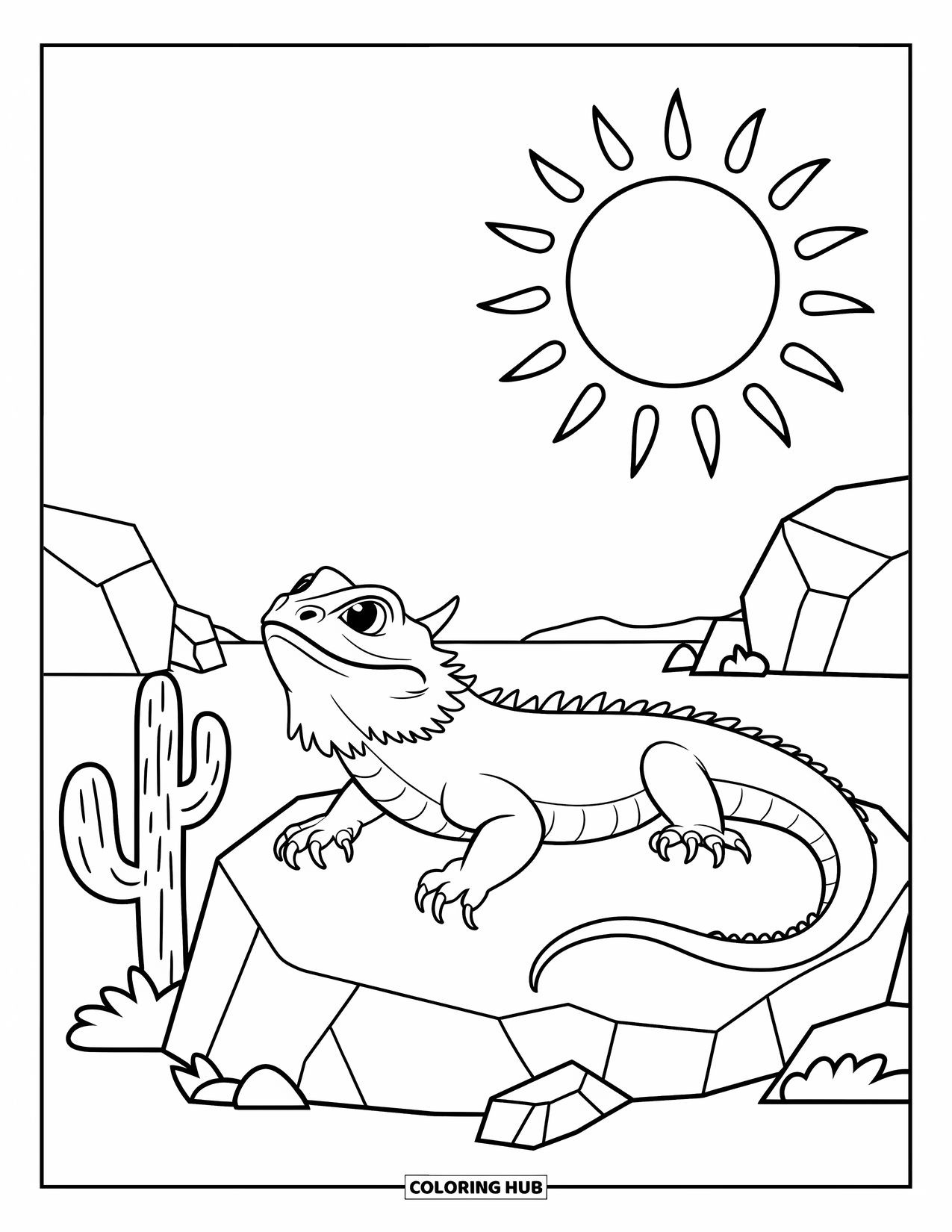 Bearded Dragon Coloring Page for Kids: A dragon basks beside a cactus under a warm desert sun