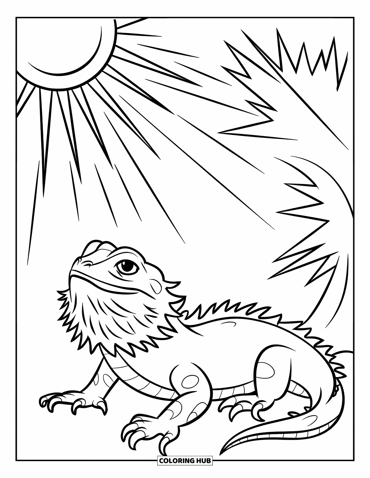 Bearded Dragon Coloring Page for Kids: A dragon basks in the sun under a sharp-leafed tree