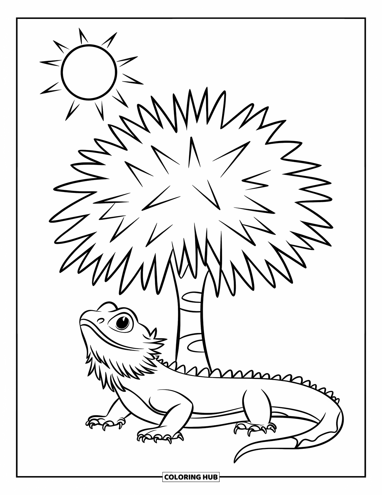 Bearded Dragon Coloring Page for Kids: A dragon basks under a spiky tree with sun rays above