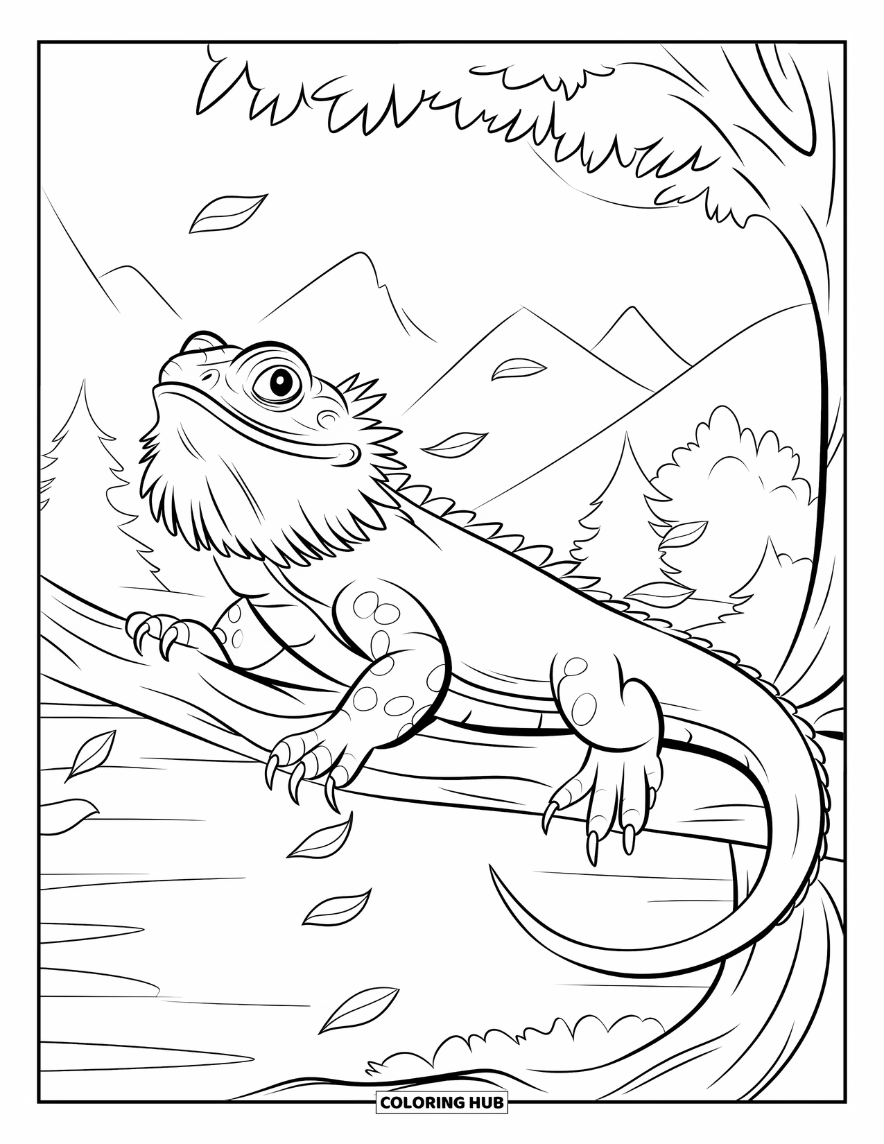 Bearded Dragon Coloring Page for Kids: A dragon grips a tree branch with leaves blowing gently around
