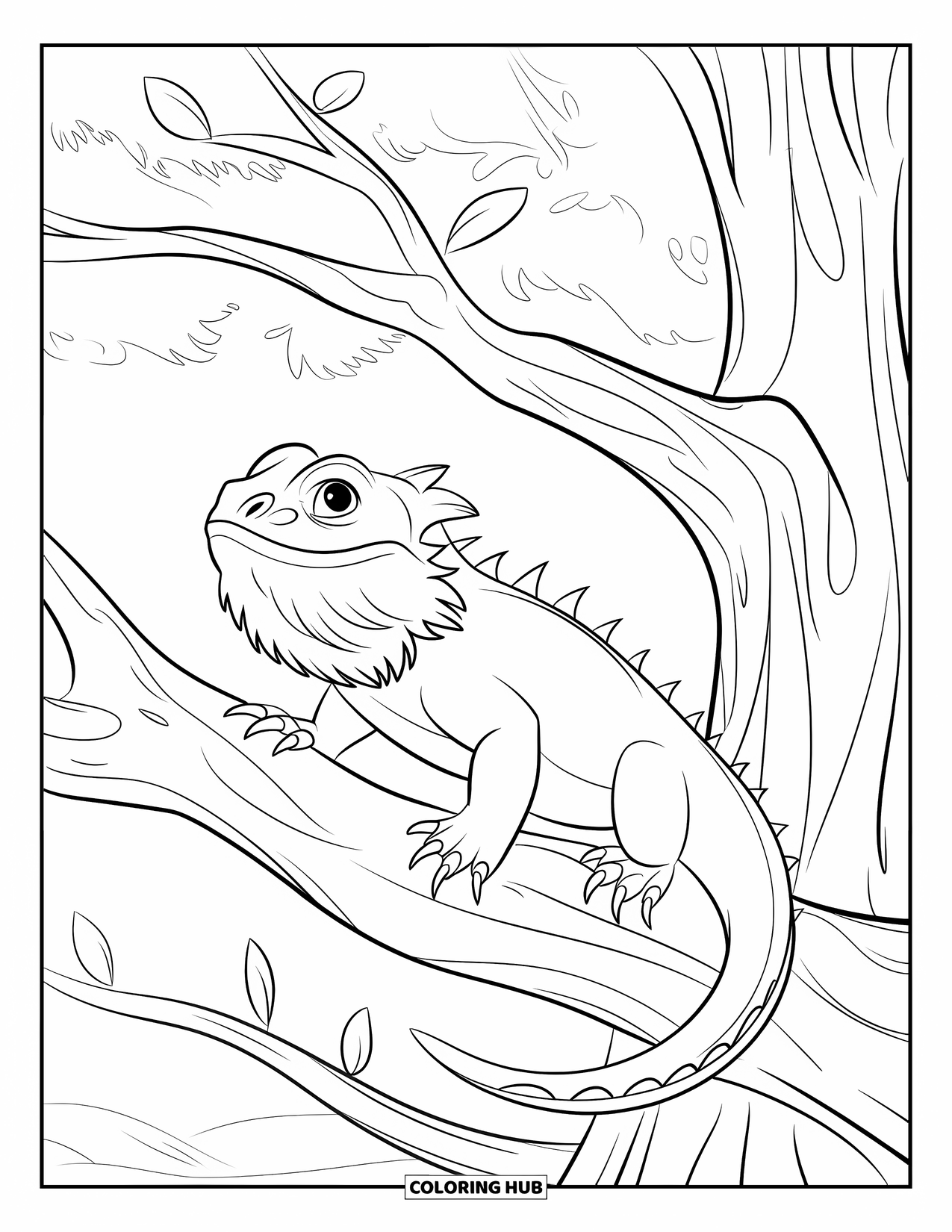 Bearded Dragon Coloring Page for Kids: A dragon perches on a branch with scattered leaves in a forest