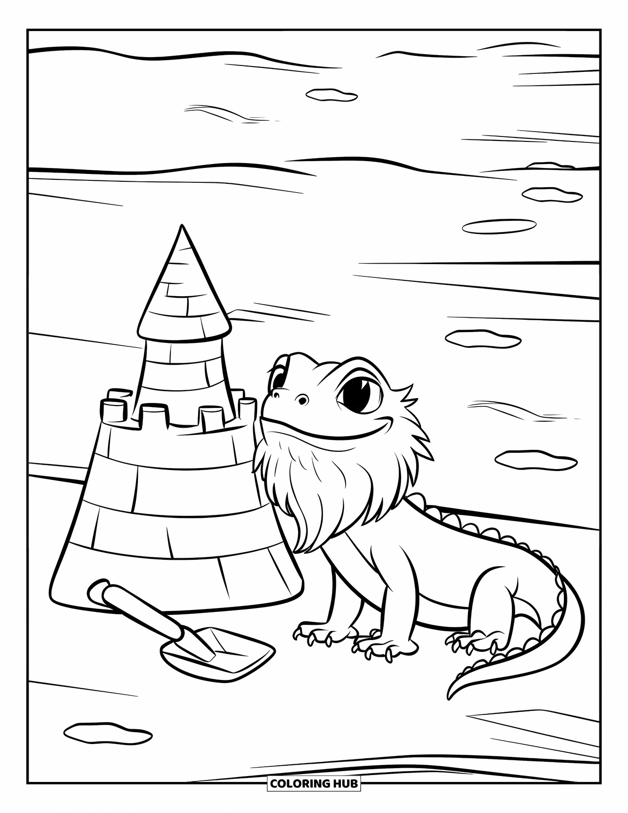 Bearded Dragon Coloring Page for Kids: A dragon rests near a sandcastle and footprints at the beach