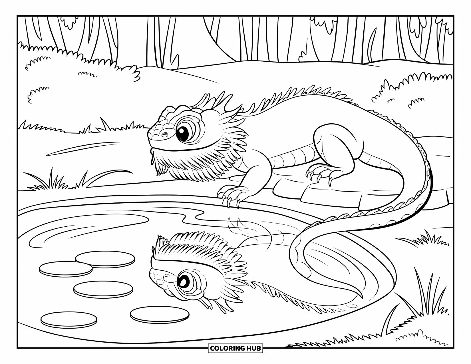 Bearded Dragon Coloring Page for Kids: A dragon sits by a pond, watching its reflection ripple