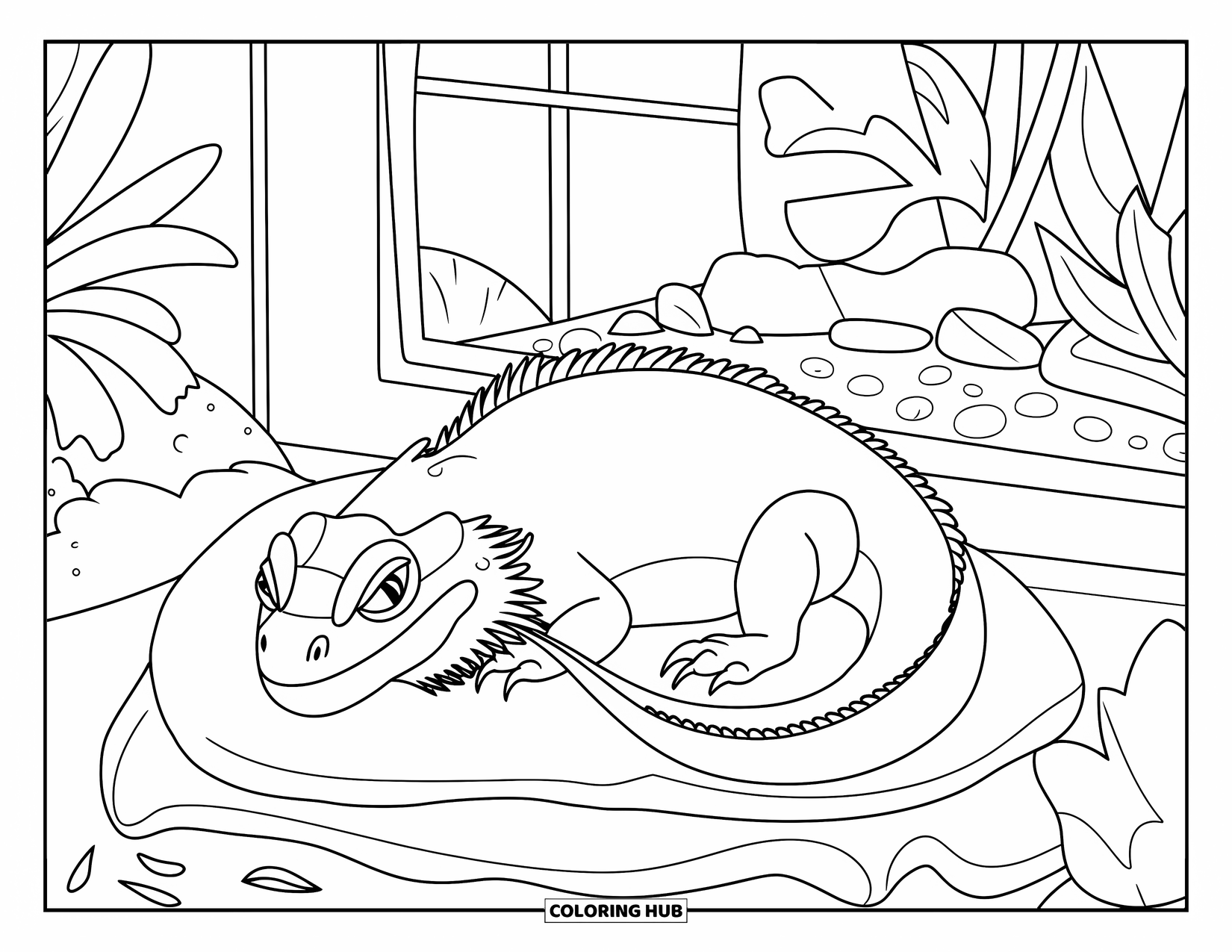 Bearded Dragon Coloring Page for Kids: A dragon snoozes on a pillow under sunny terrarium plants