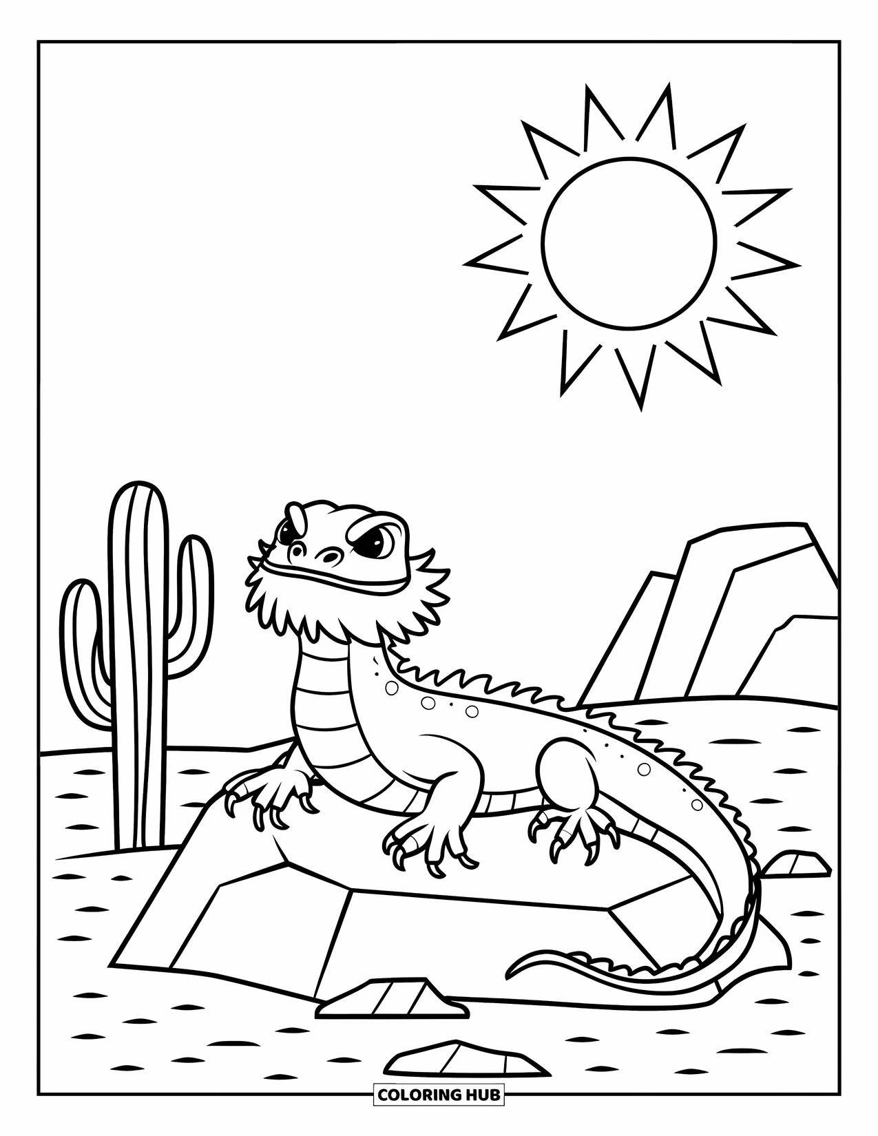 Bearded Dragon Coloring Page for Kids: A dragon soaks up the sun on a rock in a desert landscape