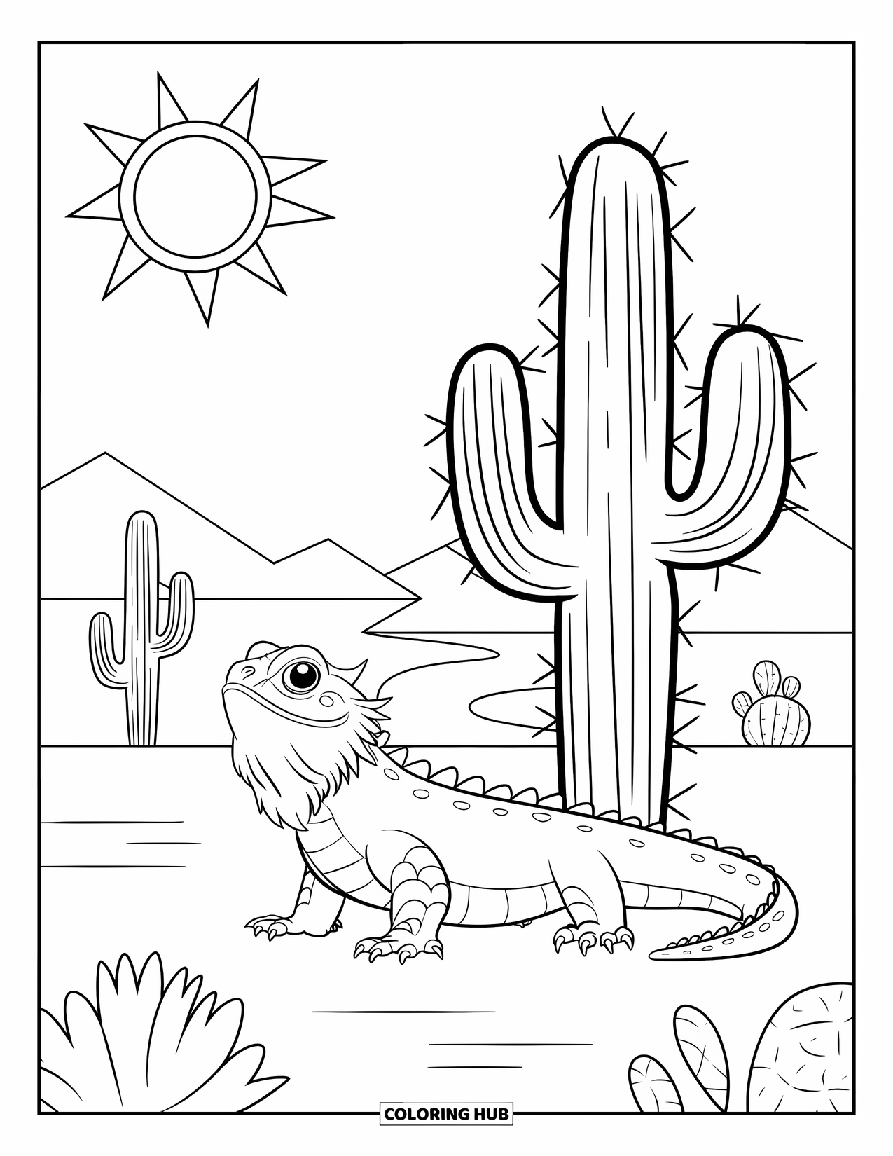 Bearded Dragon Coloring Page for Kids: A dragon stands near a tall cactus in the desert with mountains behind