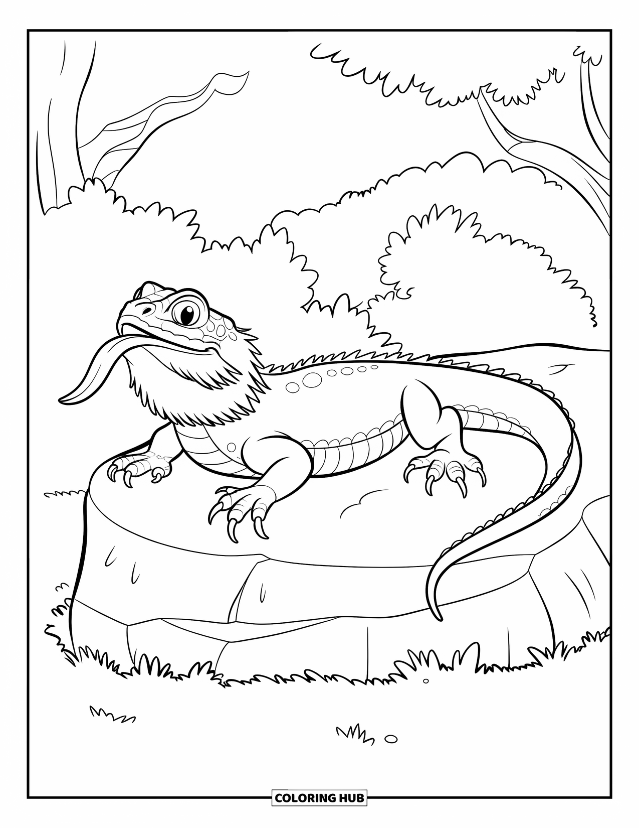 Bearded Dragon Coloring Page for Kids: A dragon sticks out its tongue while lying on a sunny rock