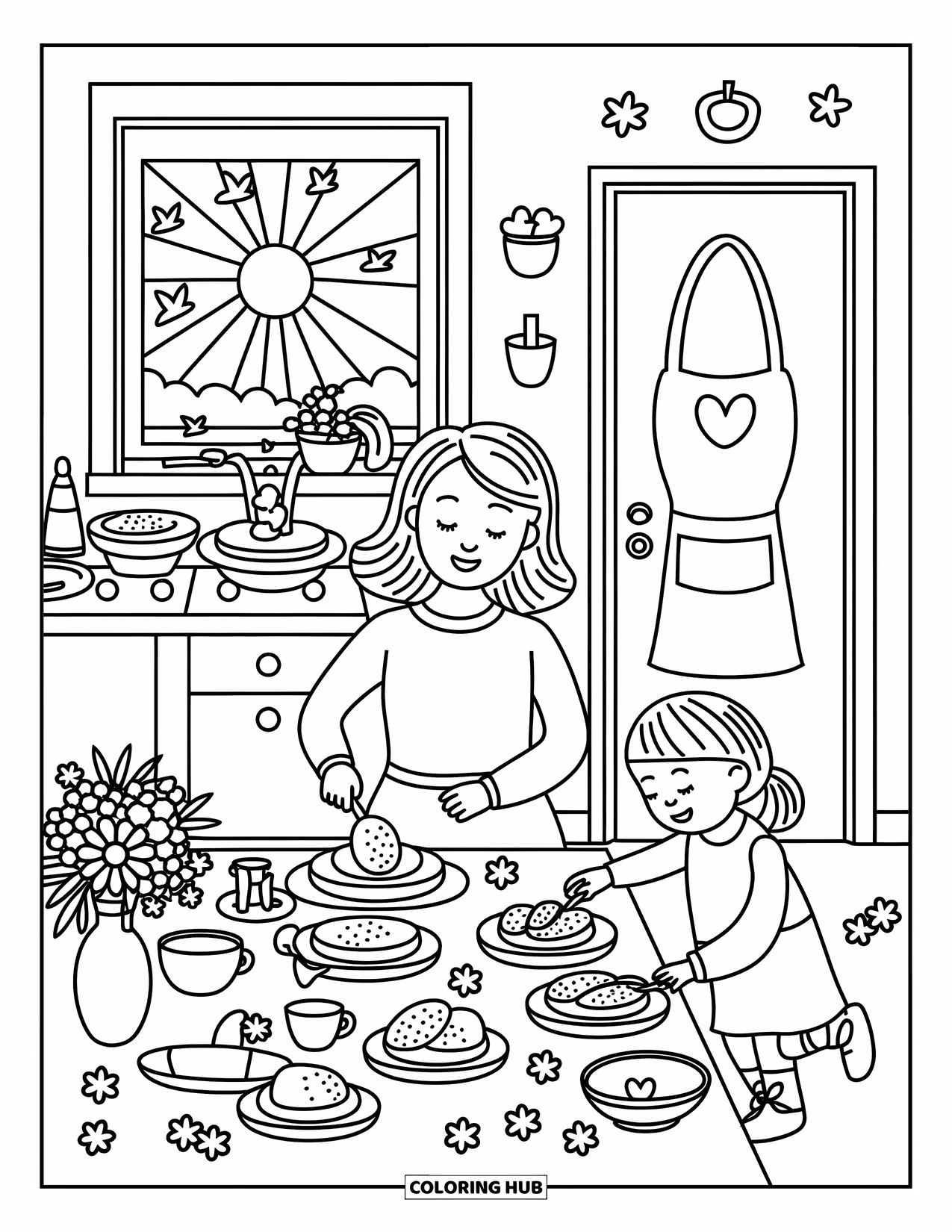 Best Mom Coloring Page for Adults: A busy breakfast moment with a joyful mom, helpful child, and birds flying by