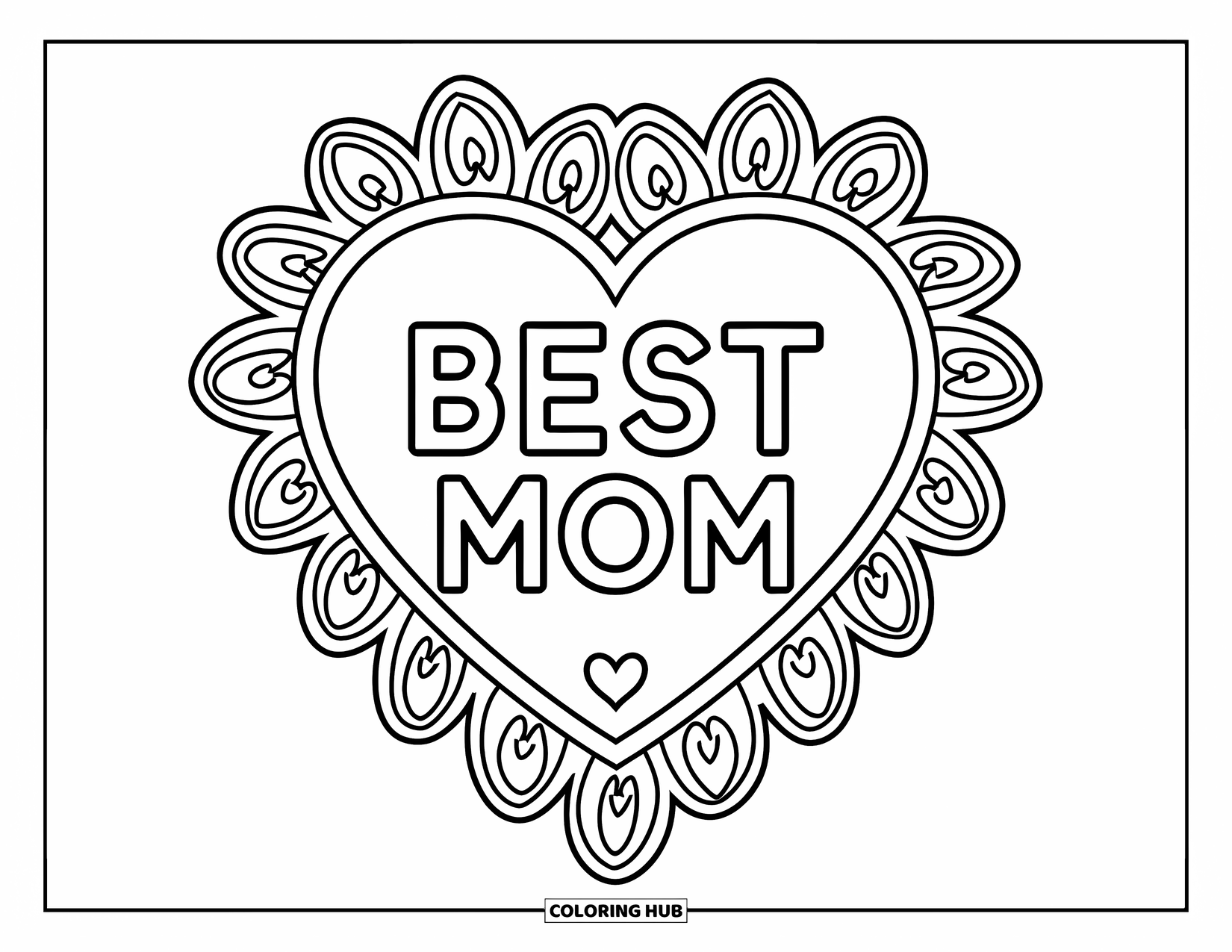Best Mom Coloring Page for Adults: A classic heart reads "Best Mom" wrapped in flowing paisley designs