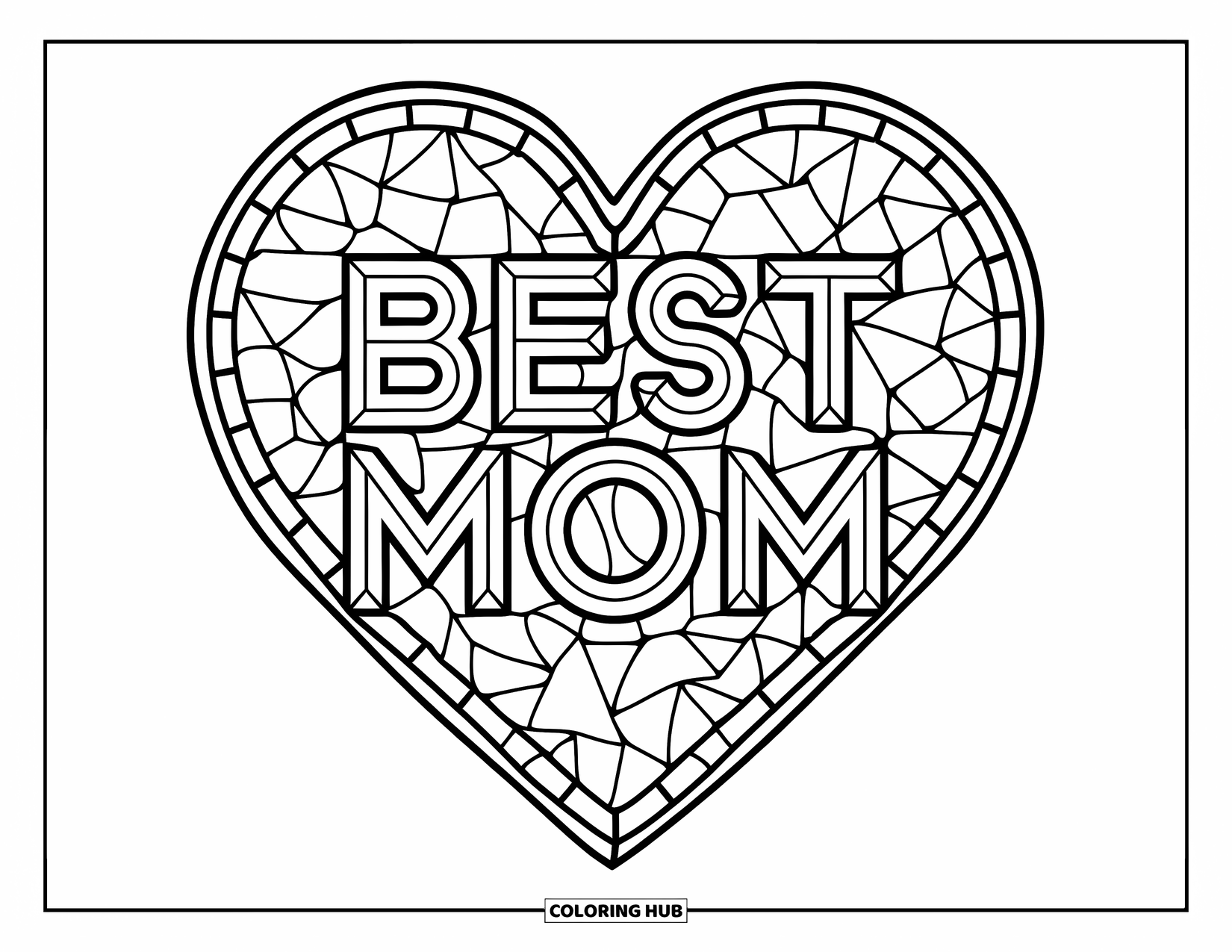 Best Mom Coloring Page for Adults: A heart filled with "Best Mom" surrounded by crisp patterns and details