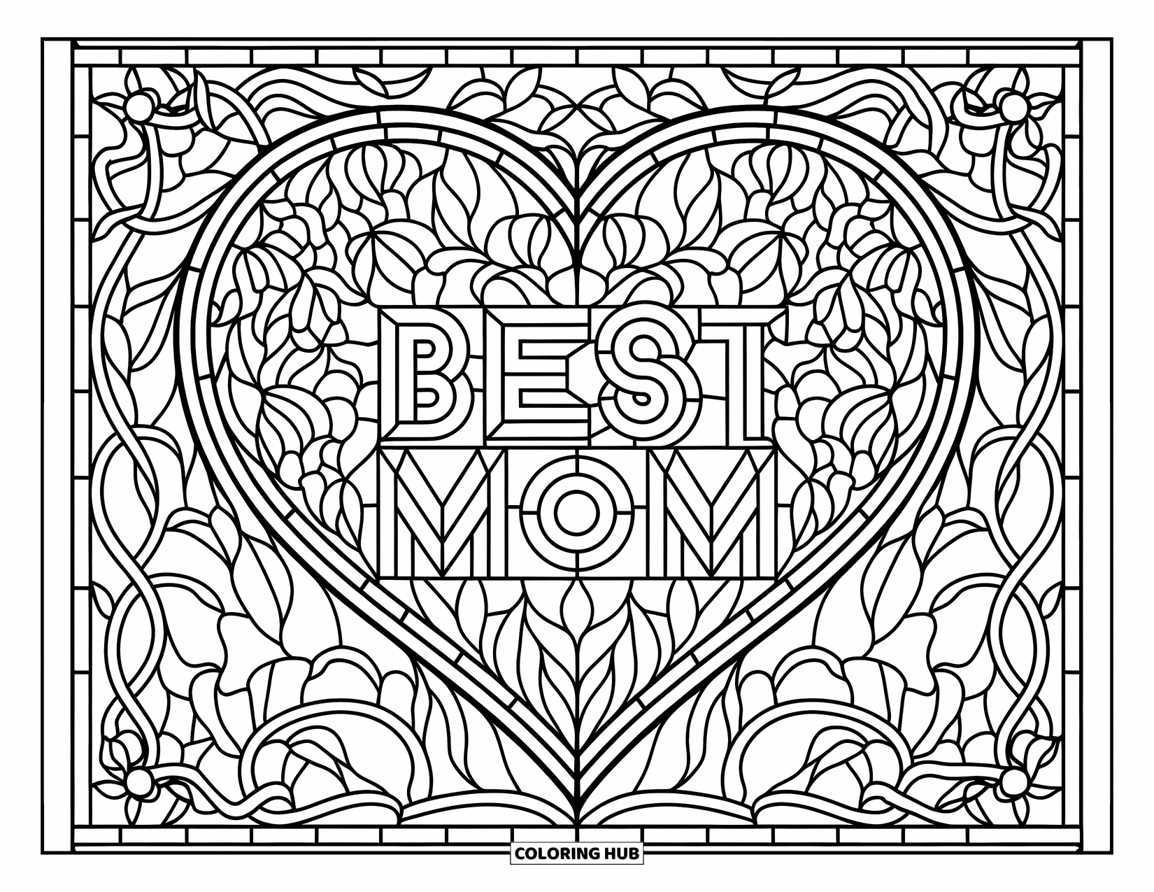 Best Mom Coloring Page for Adults: A heart of roses and vines holds the bold words "Best Mom"