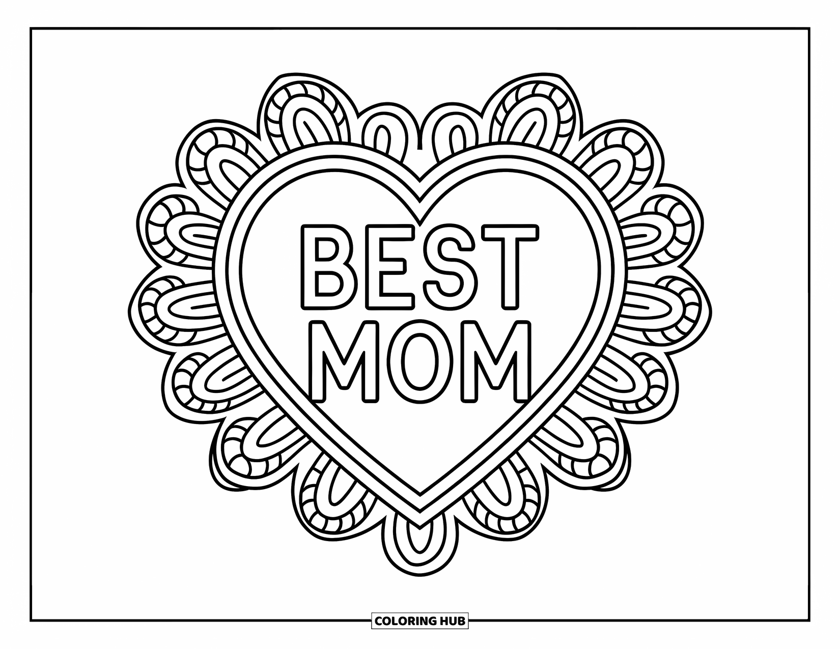 Best Mom Coloring Page for Adults: A heart says "Best Mom," framed in soft paisley curls and leaves