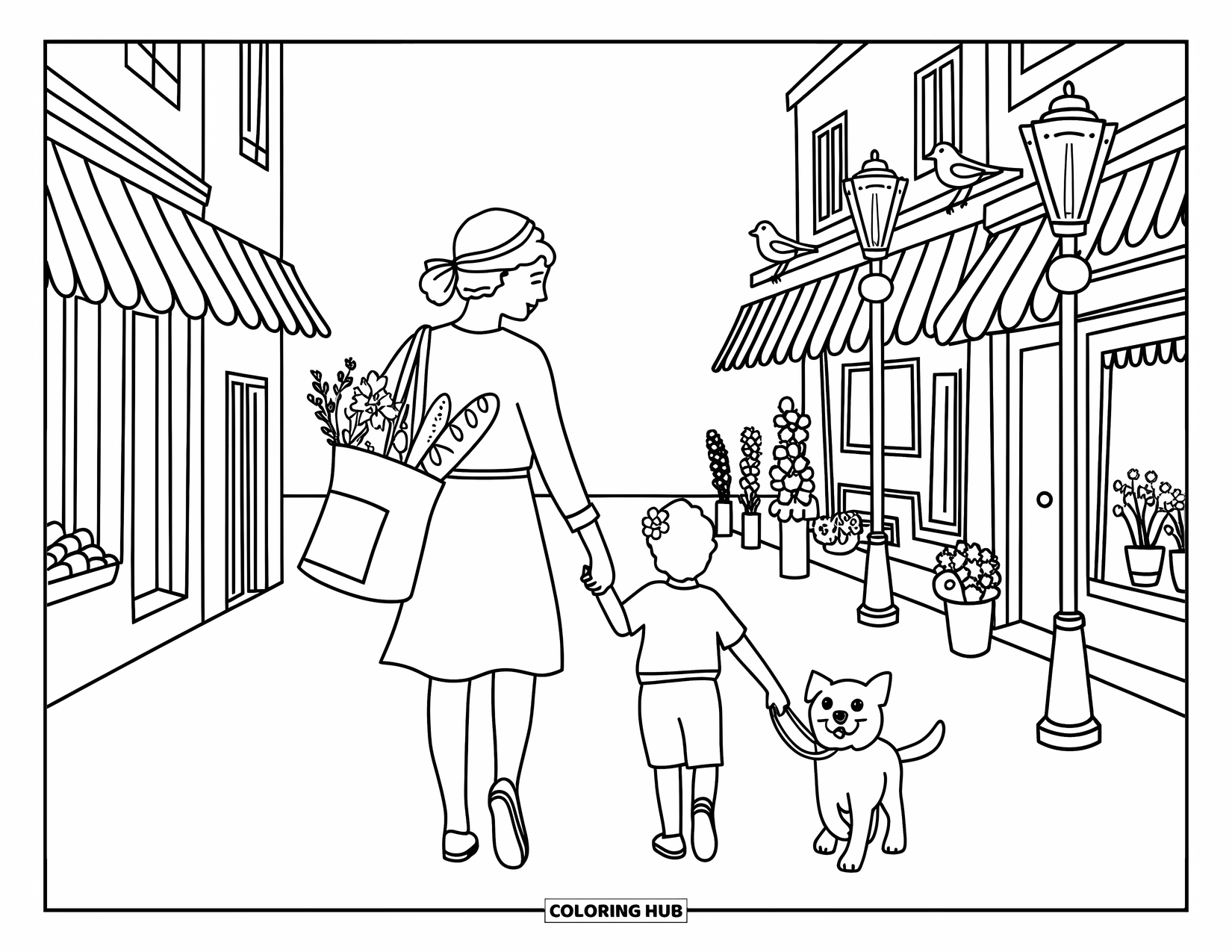 Best Mom Coloring Page for Adults: A mom and child walk through a cheerful city street with groceries and a happy dog