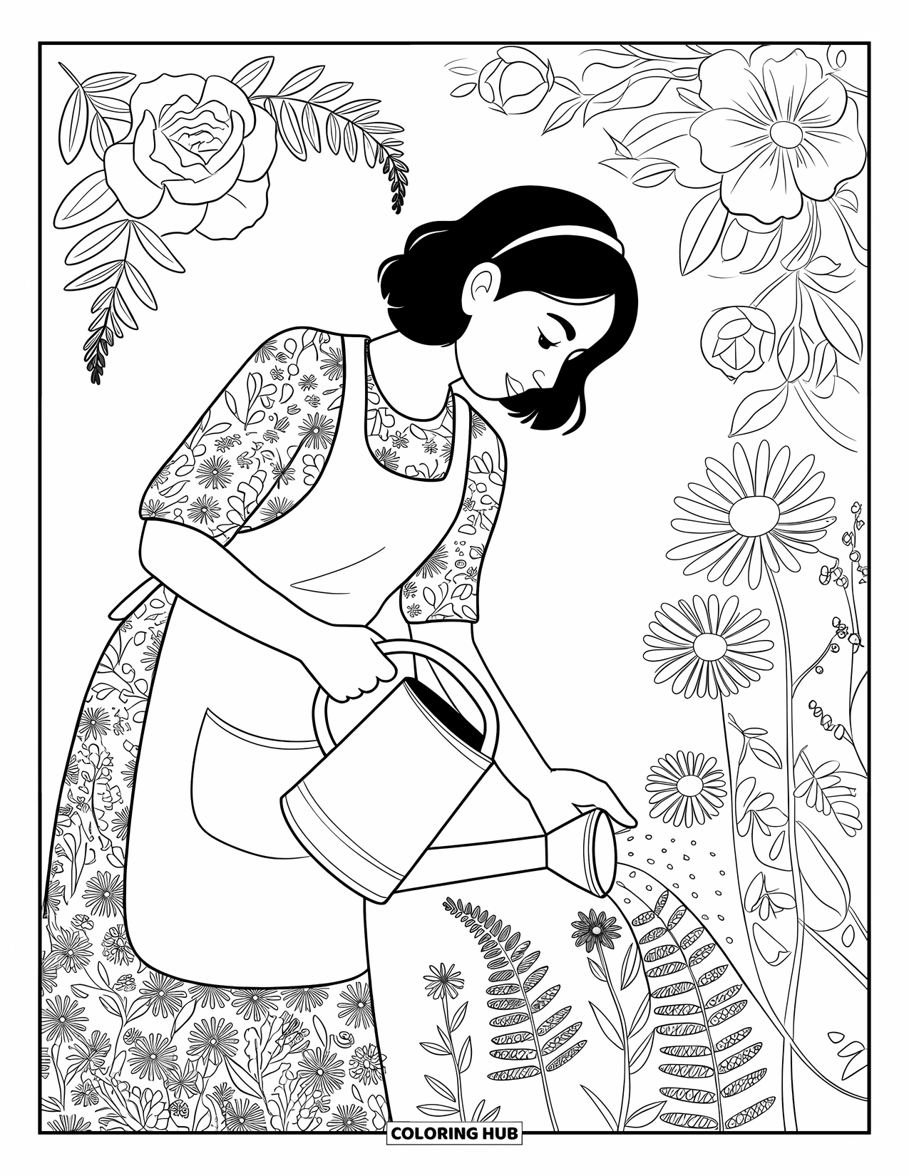 Best Mom Coloring Page for Adults: A mom in an apron waters blooming plants inside a floral border