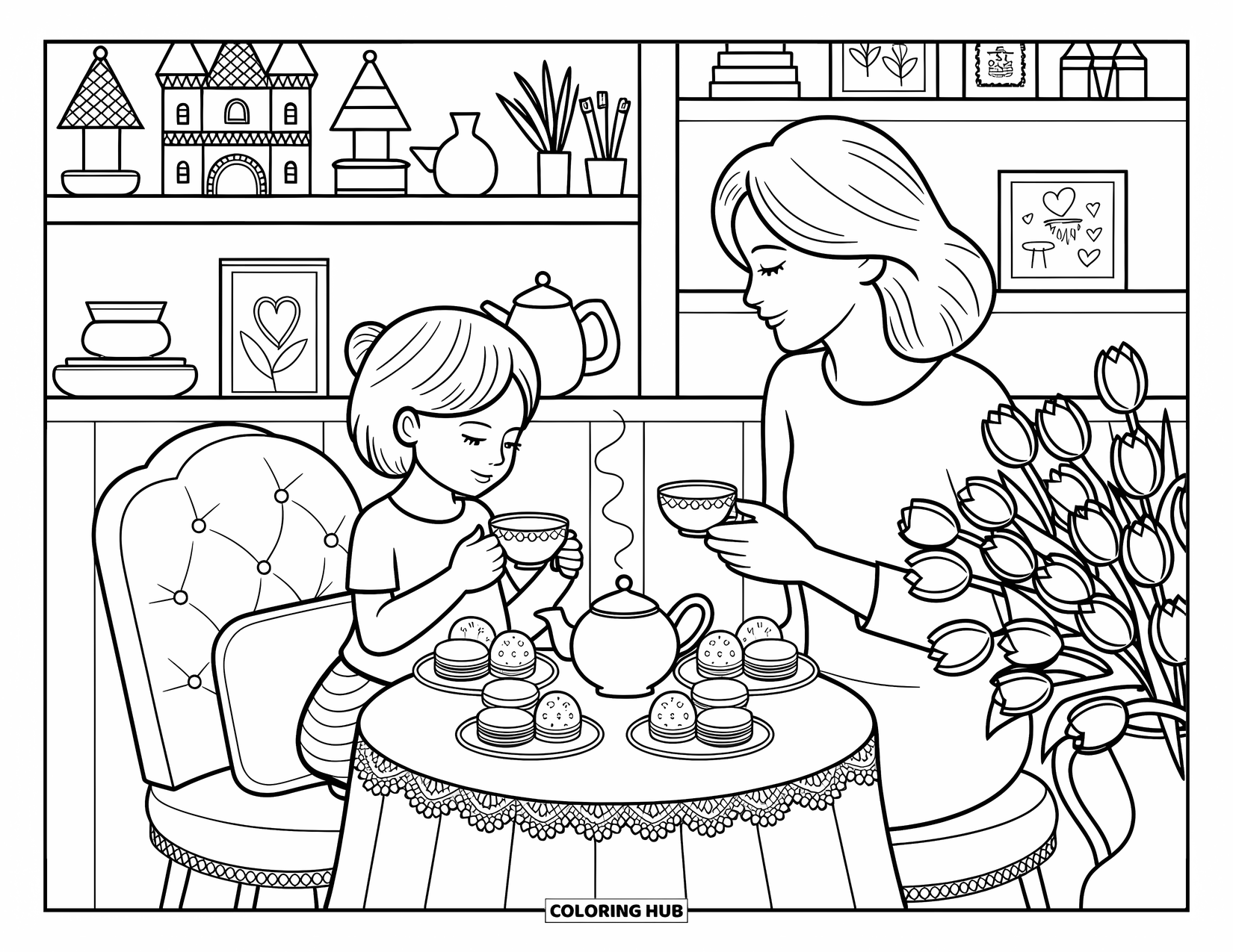 Best Mom Coloring Page for Adults: A mother and child sip pretend tea with treats on a lace-covered table