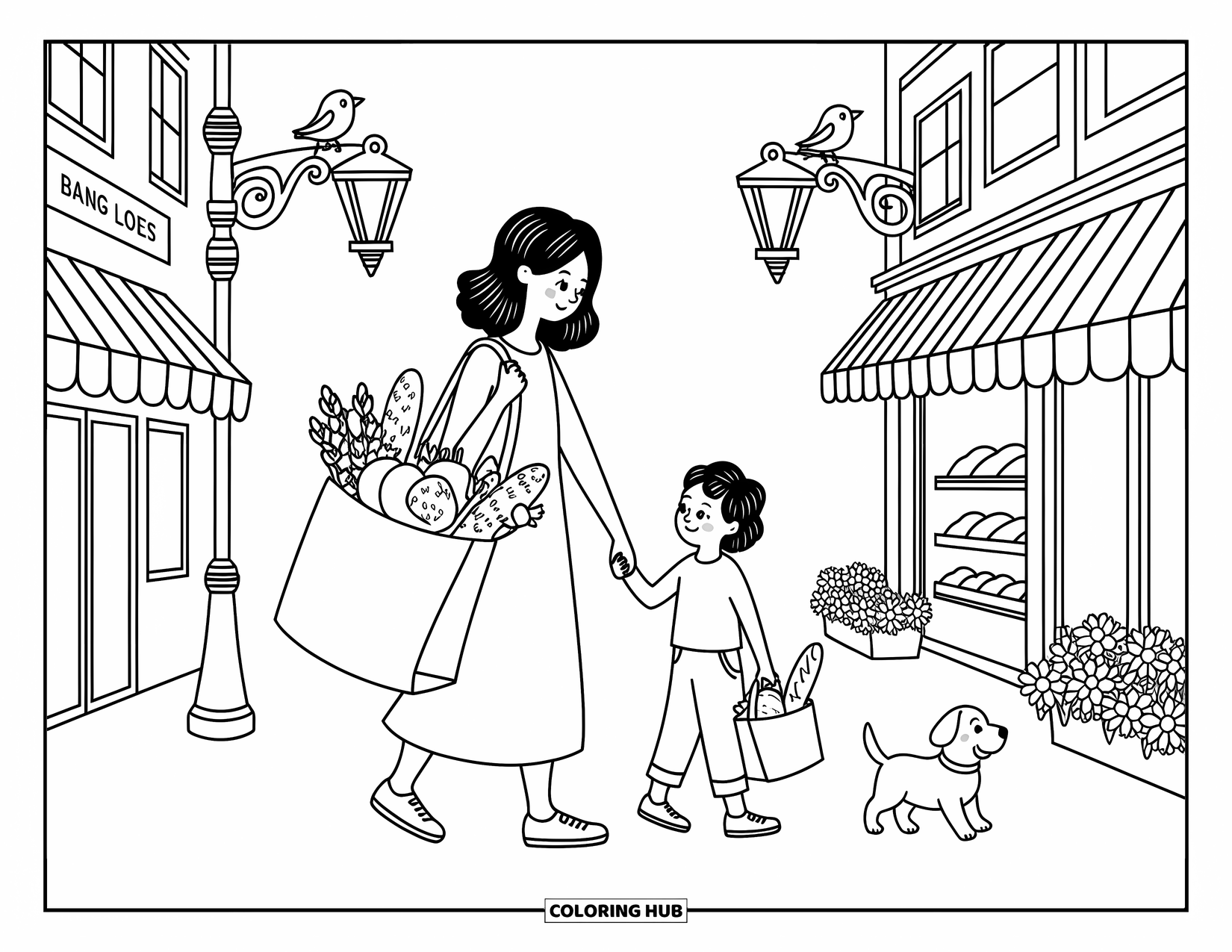 Best Mom Coloring Page for Adults: A mother and child stroll past shops with tote bags and a playful pup