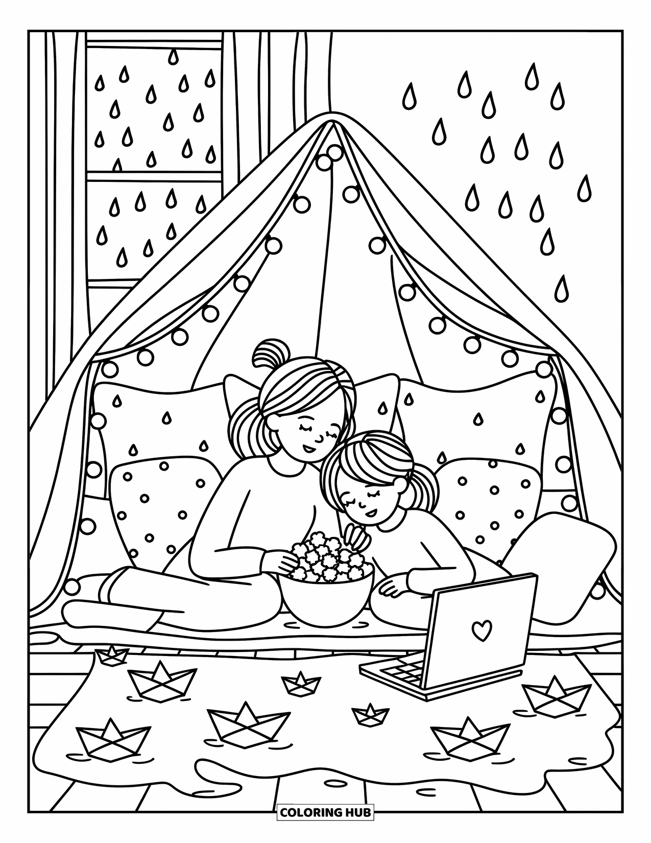 Best Mom Coloring Page for Adults: A rainy day fort with a laptop movie, popcorn, and twinkly stars above