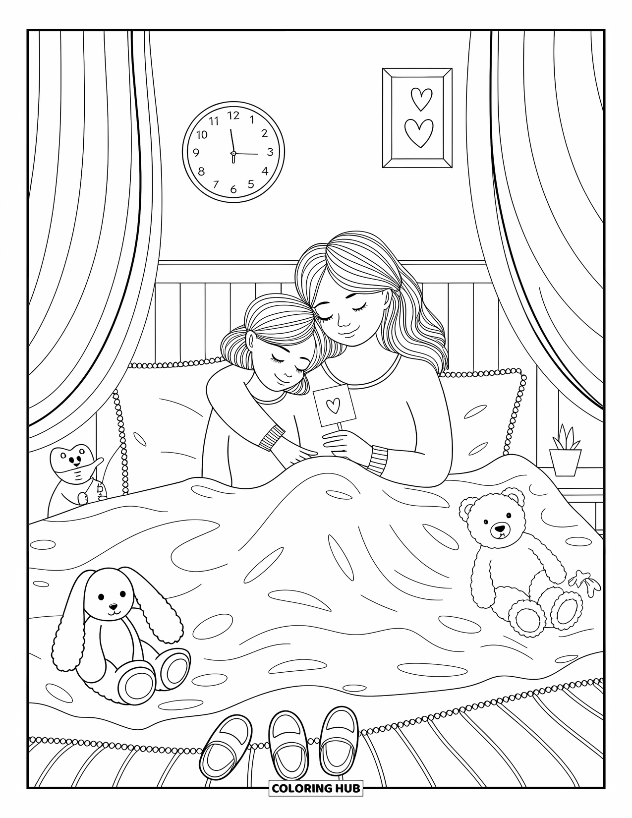 Best Mom Coloring Page for Adults: A snuggly morning cuddle with mom and child in pajamas and soft blankets
