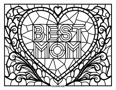 Legjobb anya kifestő felnőtteknek: Ólomüveg szív “Best Mom” felirattal ragyog virágok és leveles örvények között