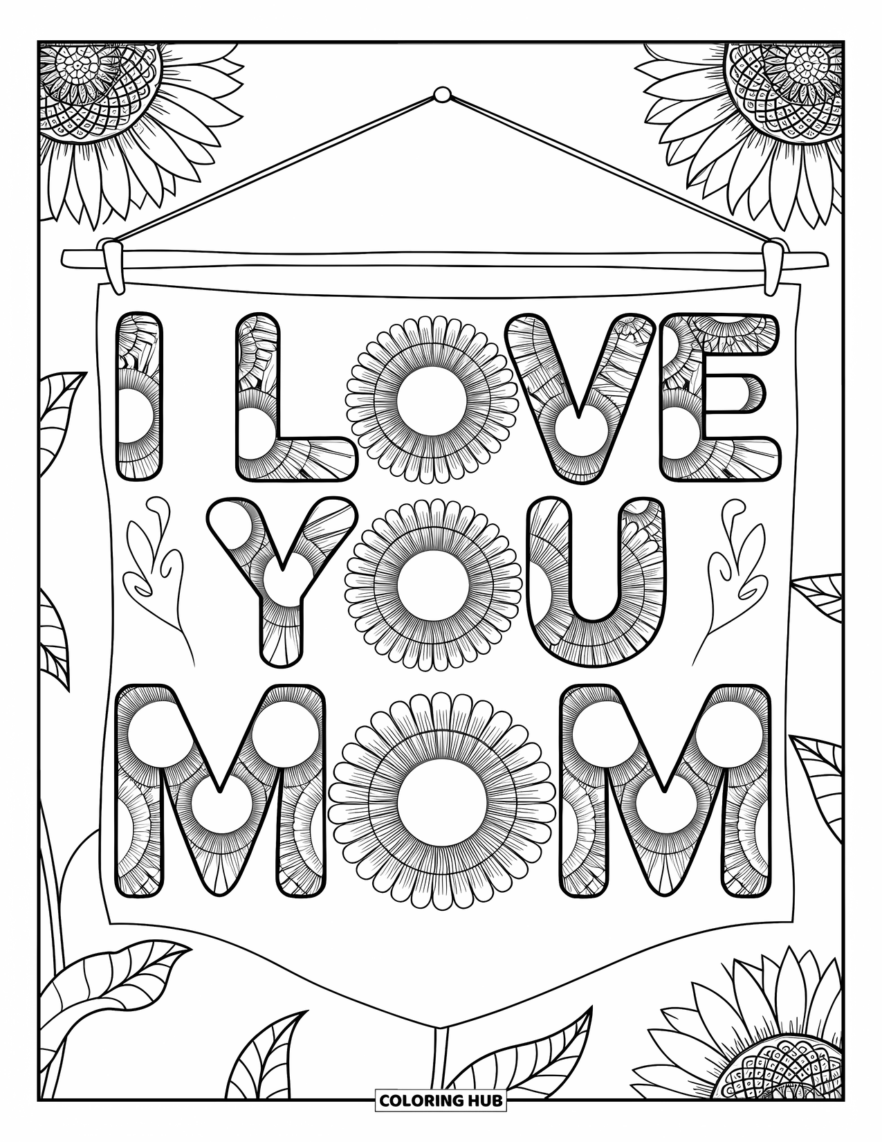 Best Mom Coloring Page for Adults: A sweet banner and sunflower mandalas form a heartfelt design for Mom