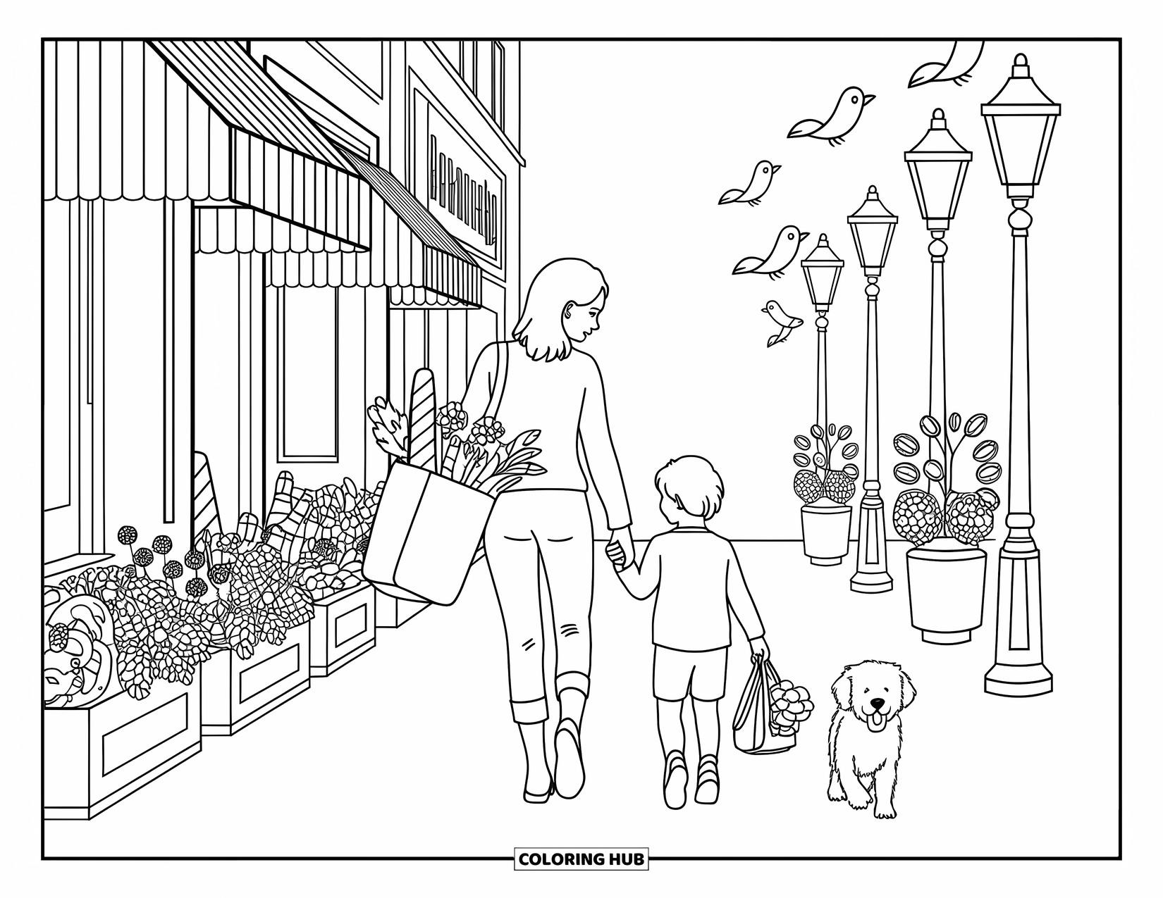 Best Mom Coloring Page for Adults: A sweet city walk with mom, child, and dog beside bakeries and flower shops