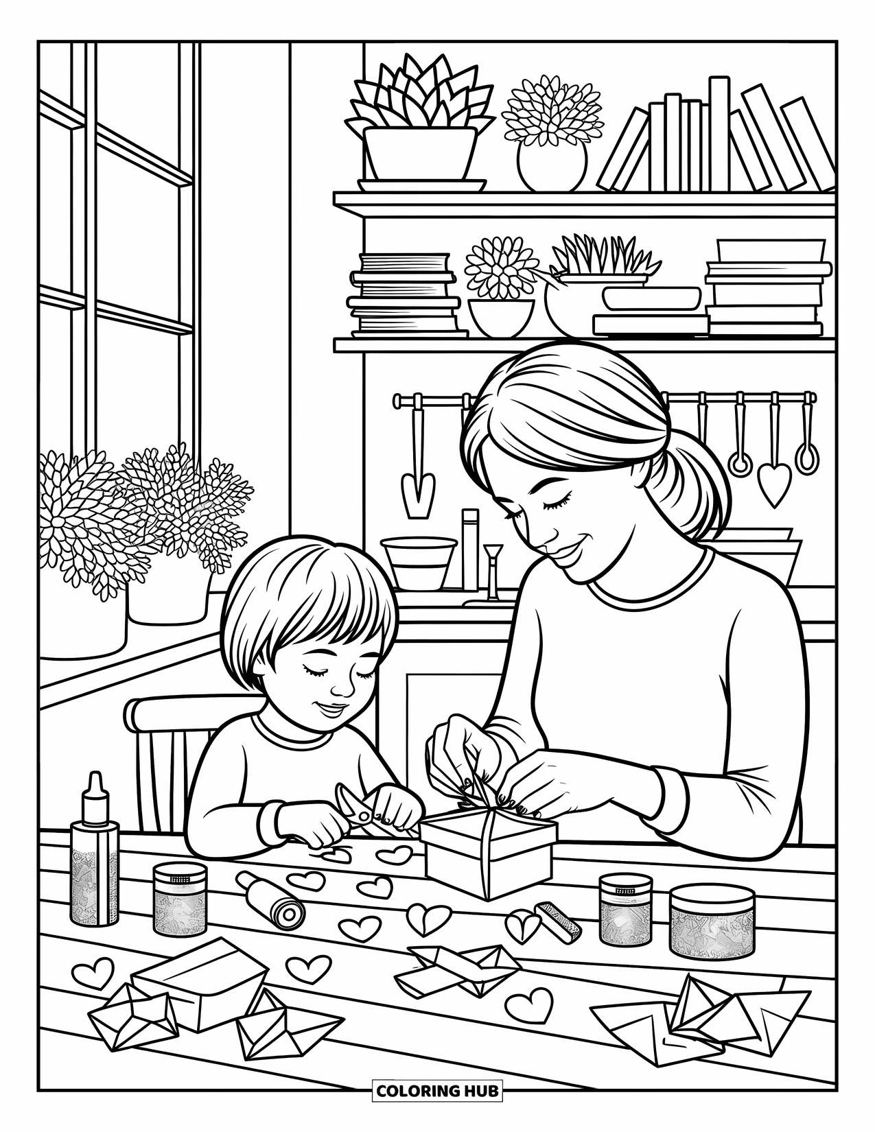 Best Mom Coloring Page for Adults: A sweet paper craft scene with hearts, ribbons, and creative mess on the table
