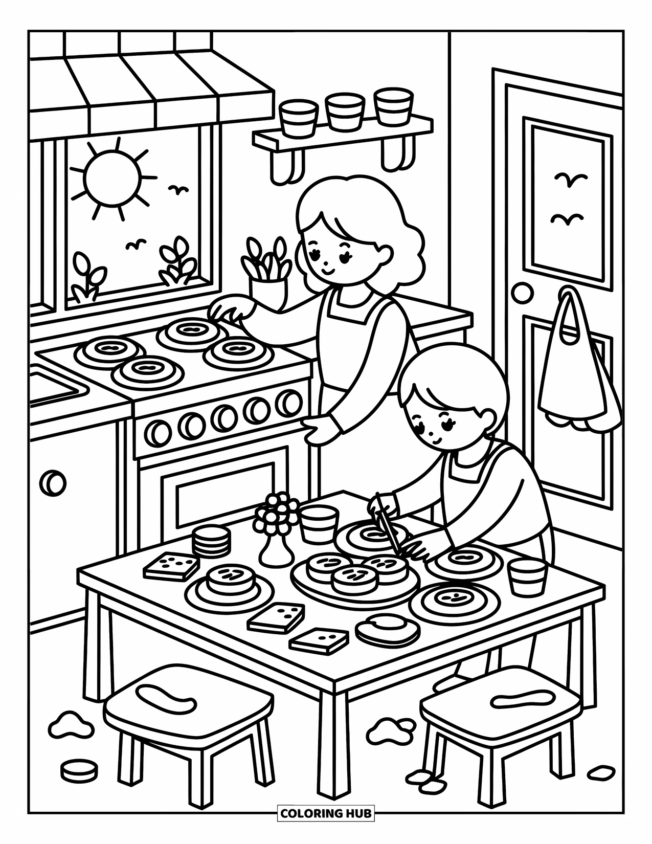 Best Mom Coloring Page for Adults: A warm kitchen scene with pancakes, toast, and sunlight streaming through the window