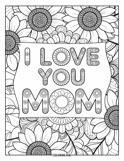 Legjobb anya kifestő felnőtteknek: Napraforgó mandalák fognak közre egy szeretetteli szalagot “I Love You Mom” felirattal