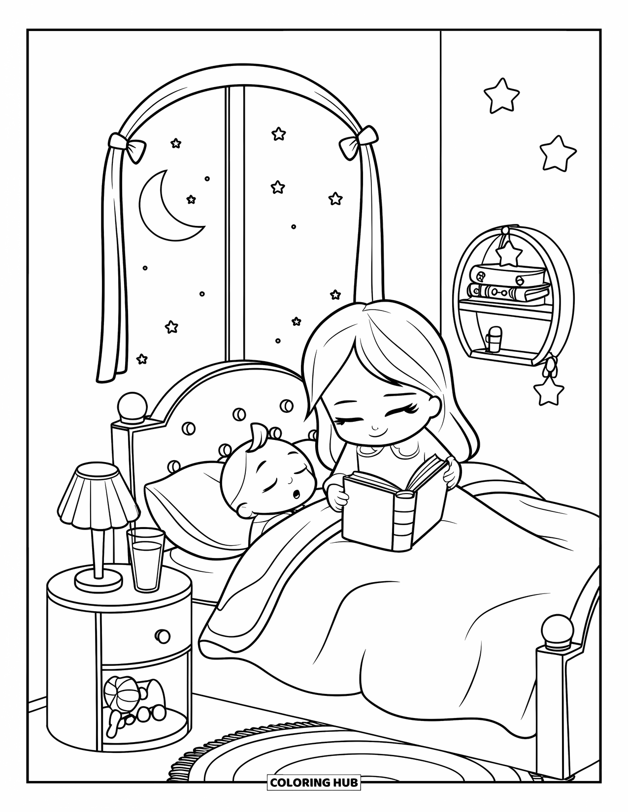 Best Mom Coloring Page for Kids: A bedtime story moment with mom reading to her child under cozy covers