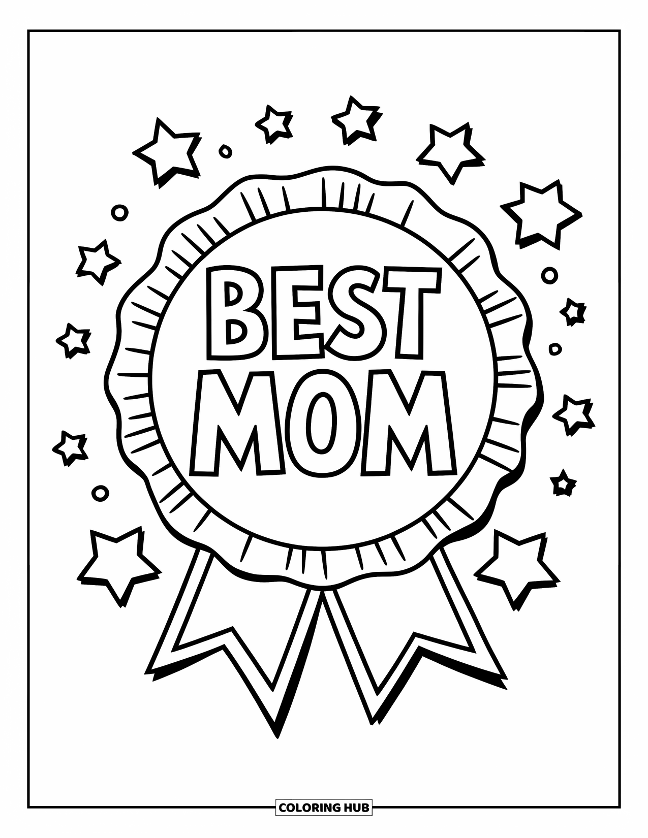 Best Mom Coloring Page for Kids: A "Best Mom" ribbon badge sparkles with stars and fun swirls around it