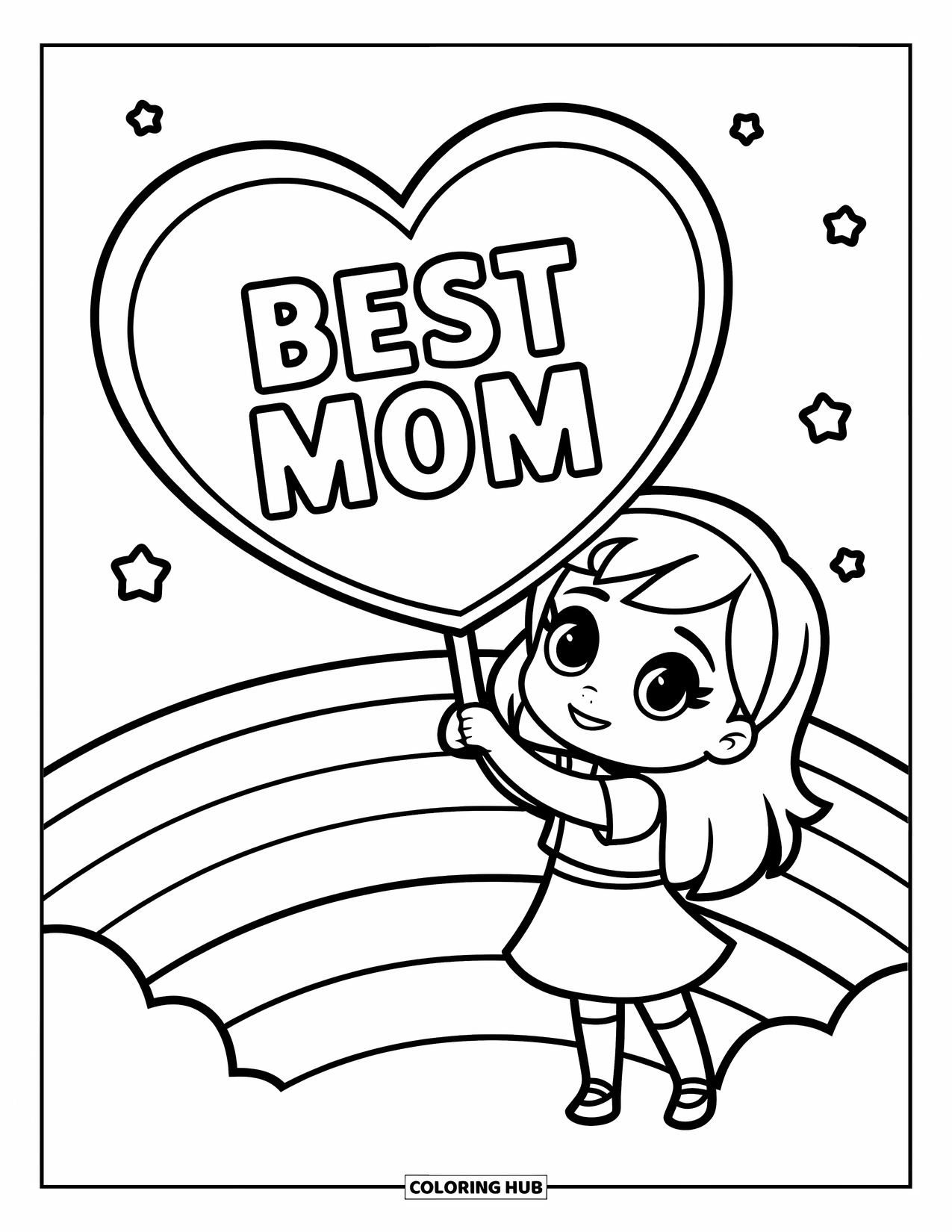 Best Mom Coloring Page for Kids: A cheerful girl offers a "Best Mom" heart card while standing on a cloud