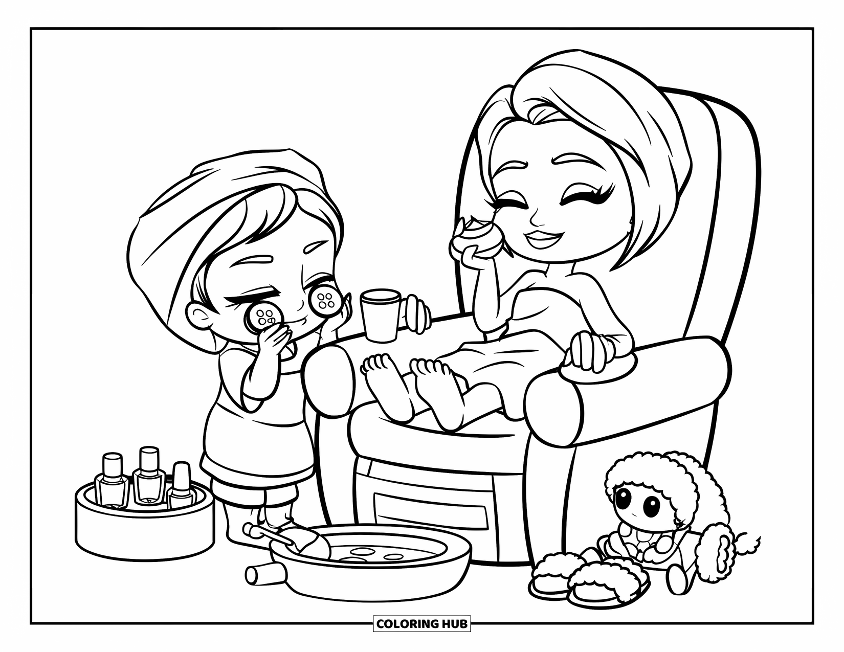 Best Mom Coloring Page for Kids: A child gives mom a spa day with cucumbers and pretend lotion