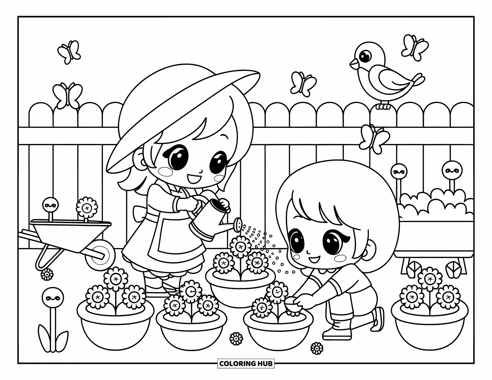Best Mom Coloring Page for Kids: A cozy garden moment with mom, child, flowers, and fluttering butterflies