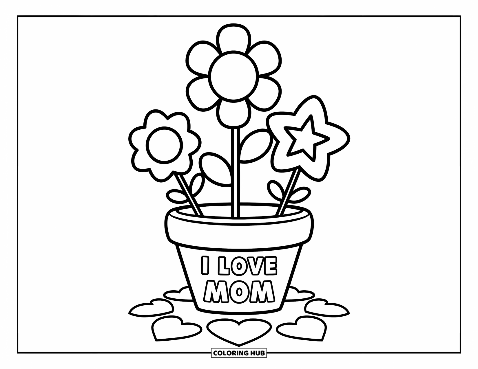 Best Mom Coloring Page for Kids: A fun flower pot with bold blooms spells out "I Love Mom"