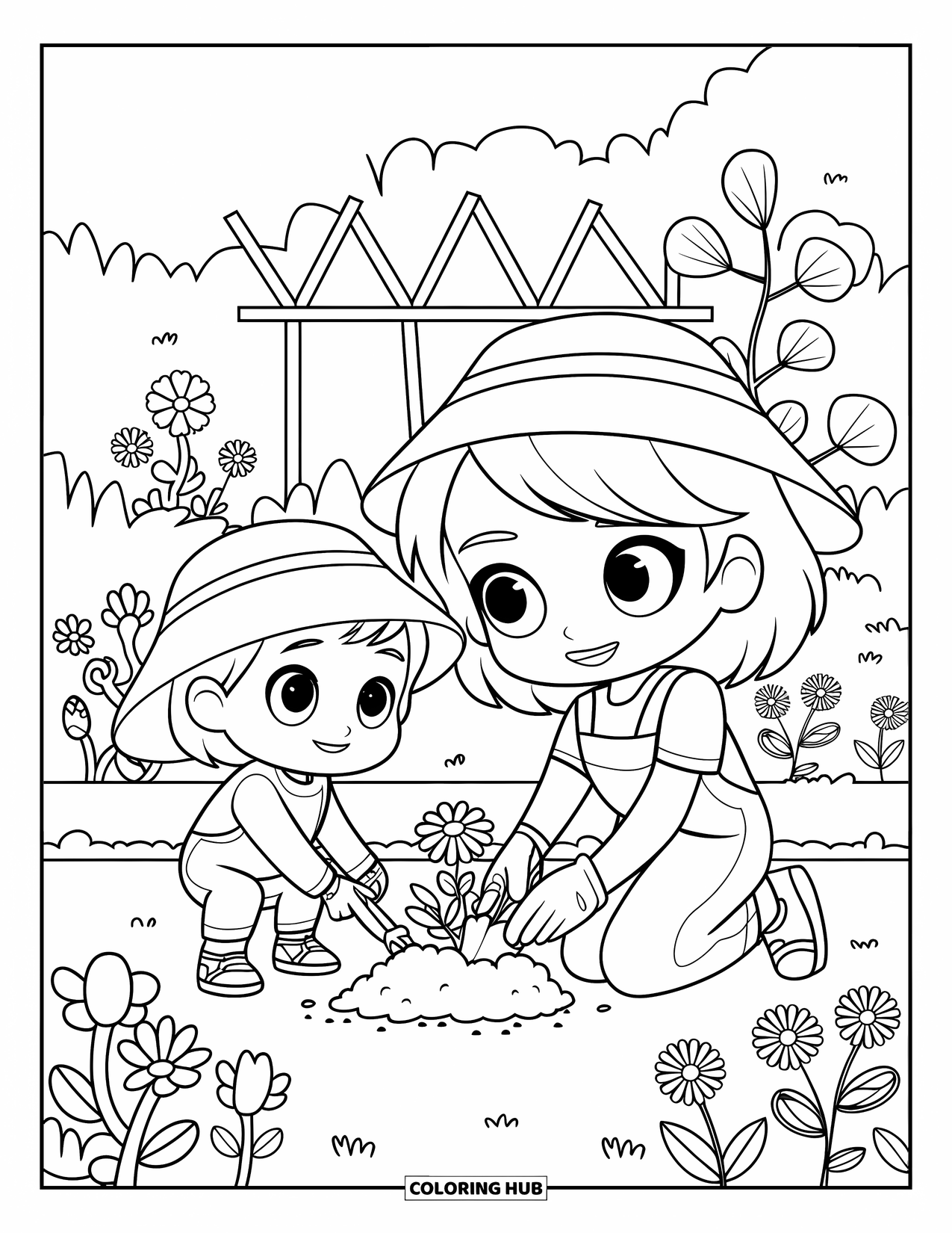 Best Mom Coloring Page for Kids: A planting scene with mom, child, and flowers blooming beneath a trellis