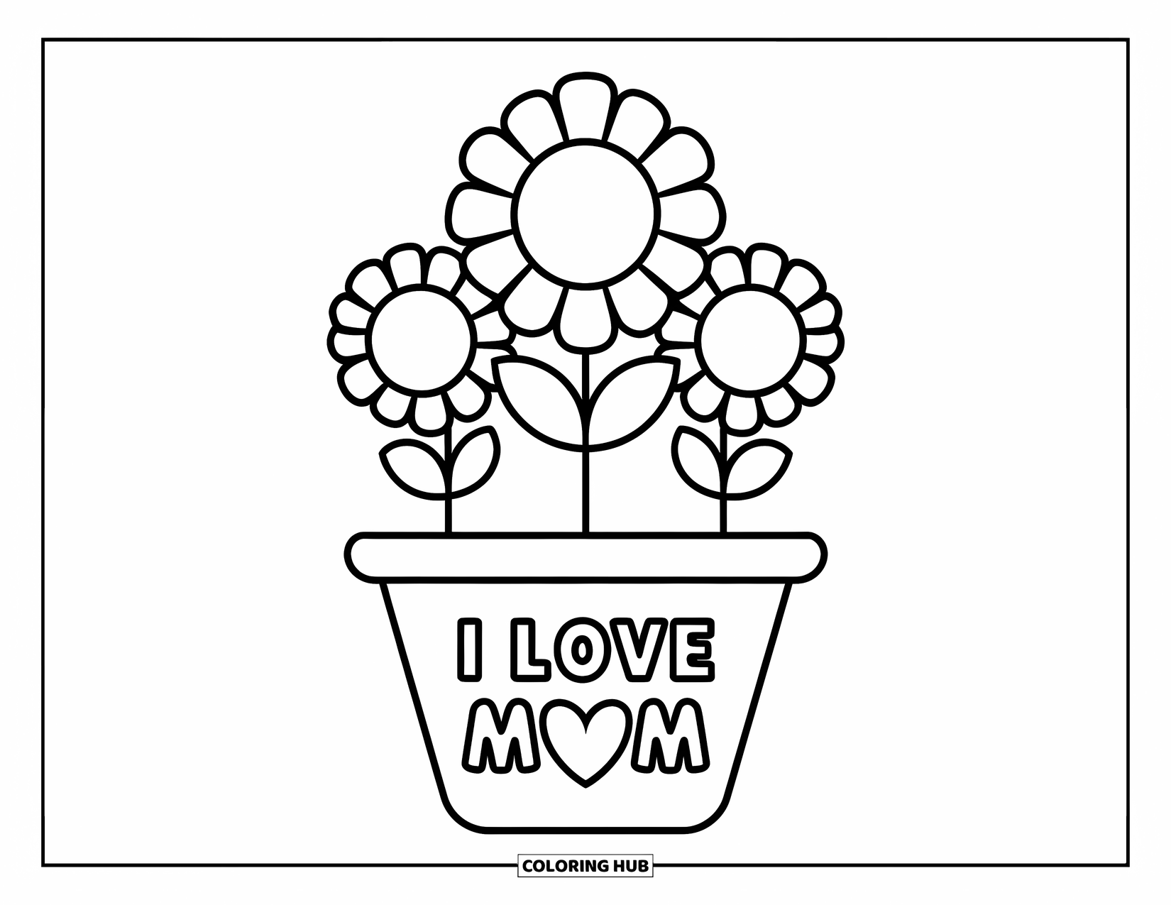 Best Mom Coloring Page for Kids: A playful flower pot with a heart says "I Love Mom" loud and proud