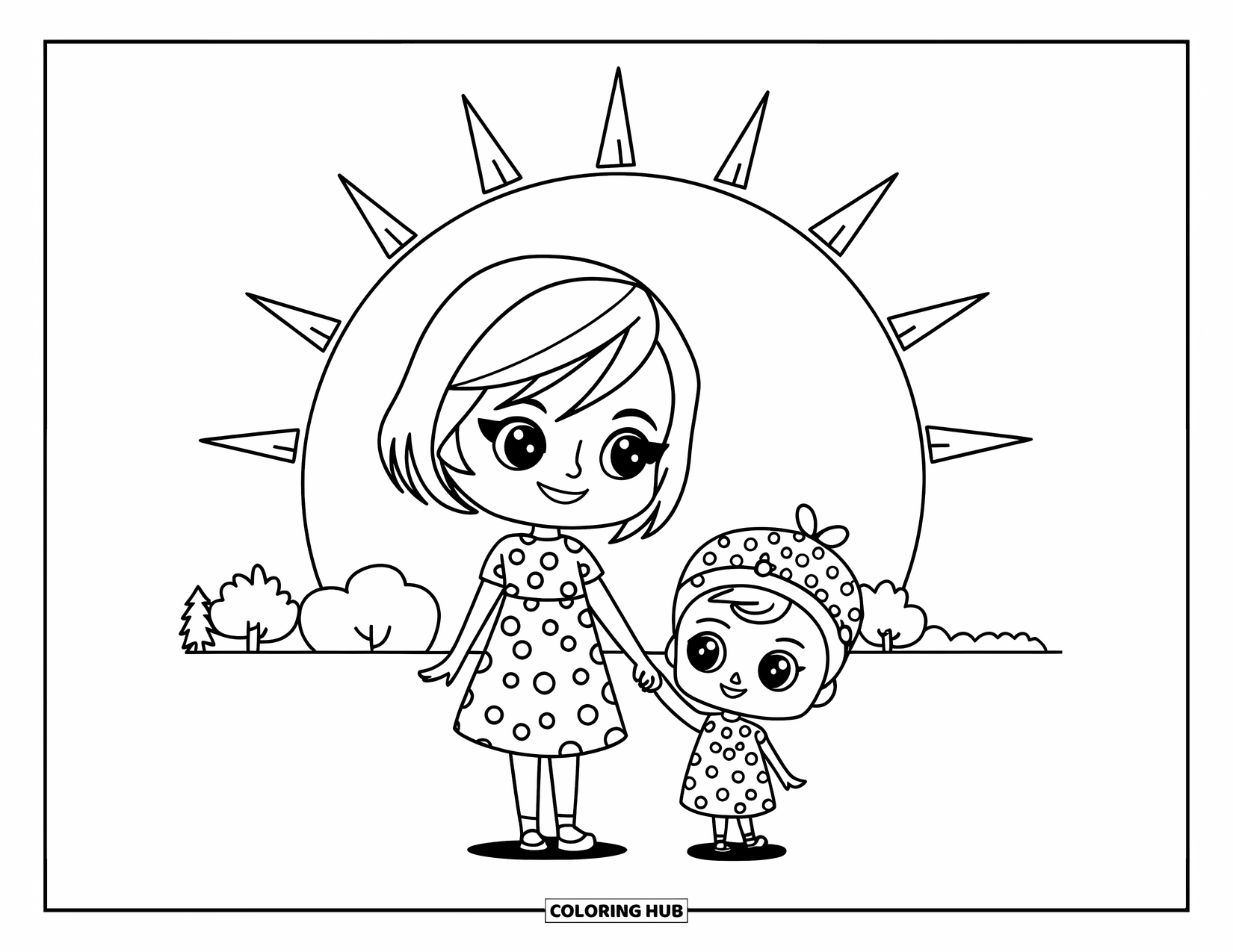 Best Mom Coloring Page for Kids: A sunny stroll with mom and child beneath a big beaming sun