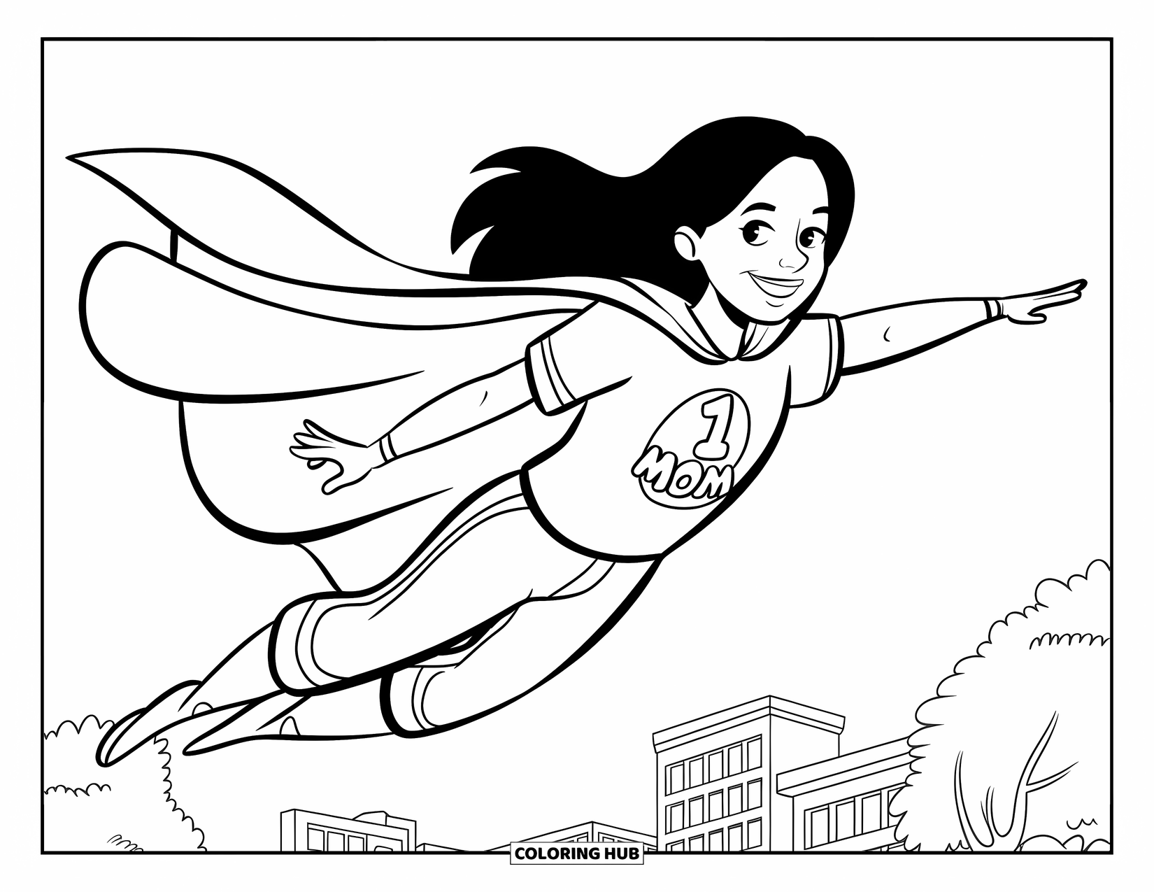 Best Mom Coloring Page for Kids: A superhero mom soars through the sky in her cape and "#1 MOM" shirt