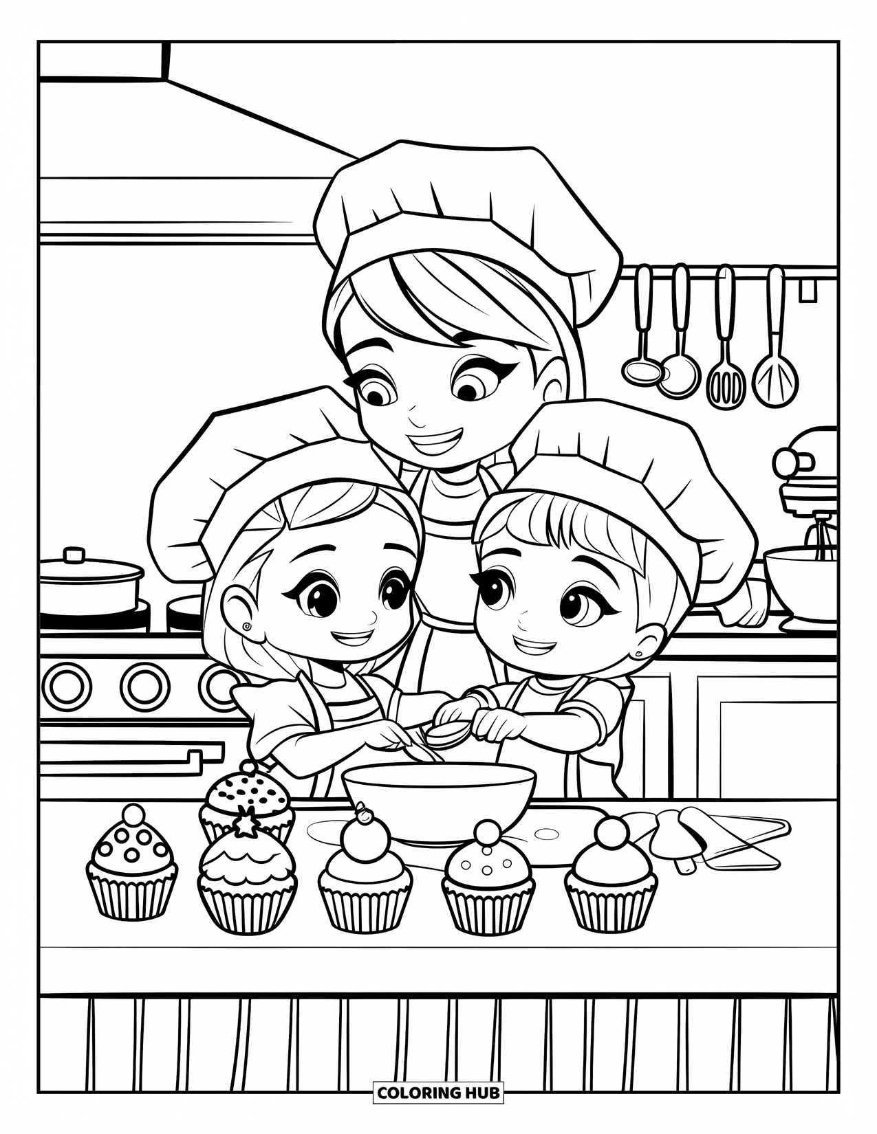 Best Mom Coloring Page for Kids: A sweet baking moment with mom, child, and cupcakes on the counter