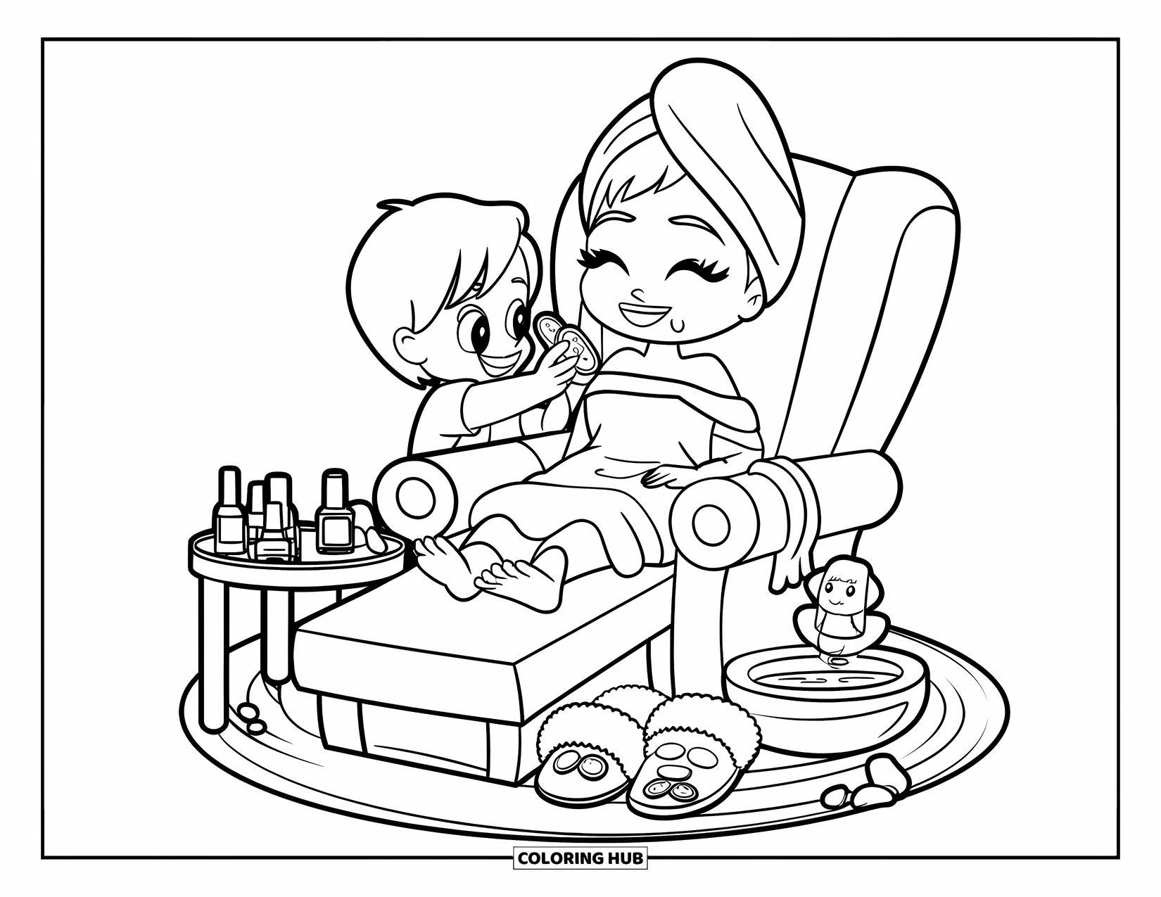 Best Mom Coloring Page for Kids: A sweet home spa scene with mom, child, and playful pampering