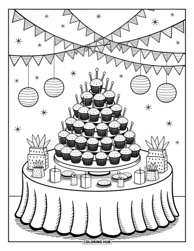 Geburtstagsparty-Ausmalbild für Erwachsene: Ein Geburtstagstisch voller Cupcakes, Kekse, Geschenke und Luftschlangen in einer fröhlichen Umgebung