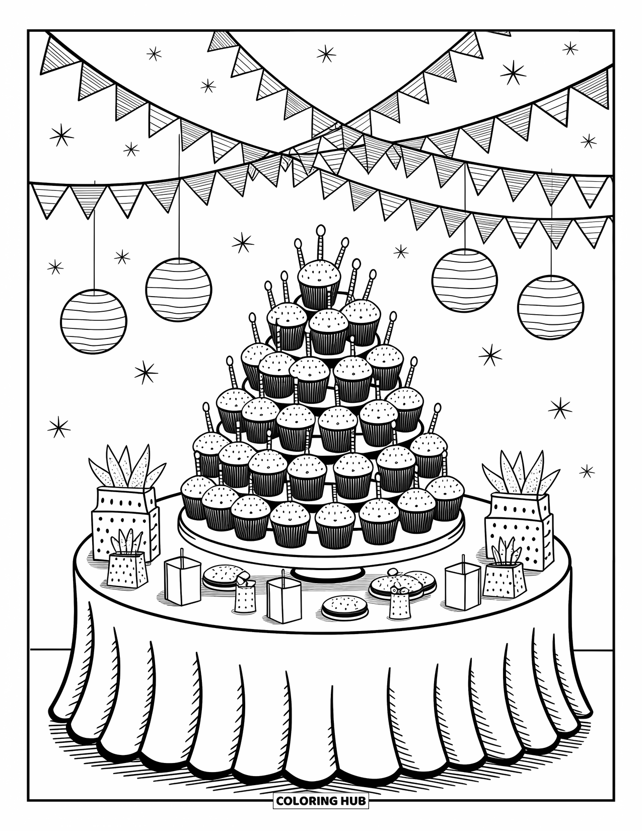 Birthday Party Coloring Page for Adults: A birthday table bursts with cupcakes, cookies, gifts, and streamers in a joyful setting