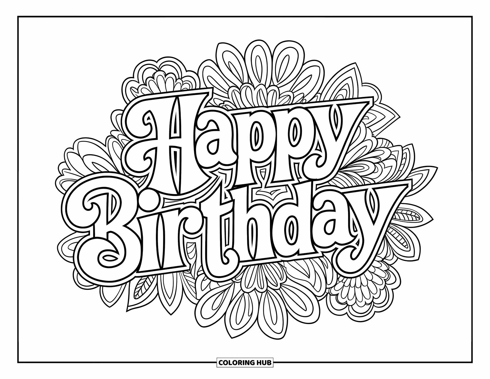 Birthday Party Coloring Page for Adults: A cheerful "Happy Birthday" design framed with flowery mandala details