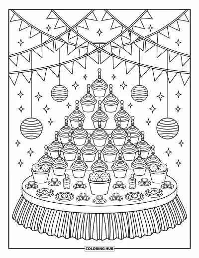 Geburtstagsparty-Ausmalbild für Erwachsene: Ein Cupcake-Turm und bunte Leckereien stehen auf einem Geburtstagstisch unter festlicher Dekoration